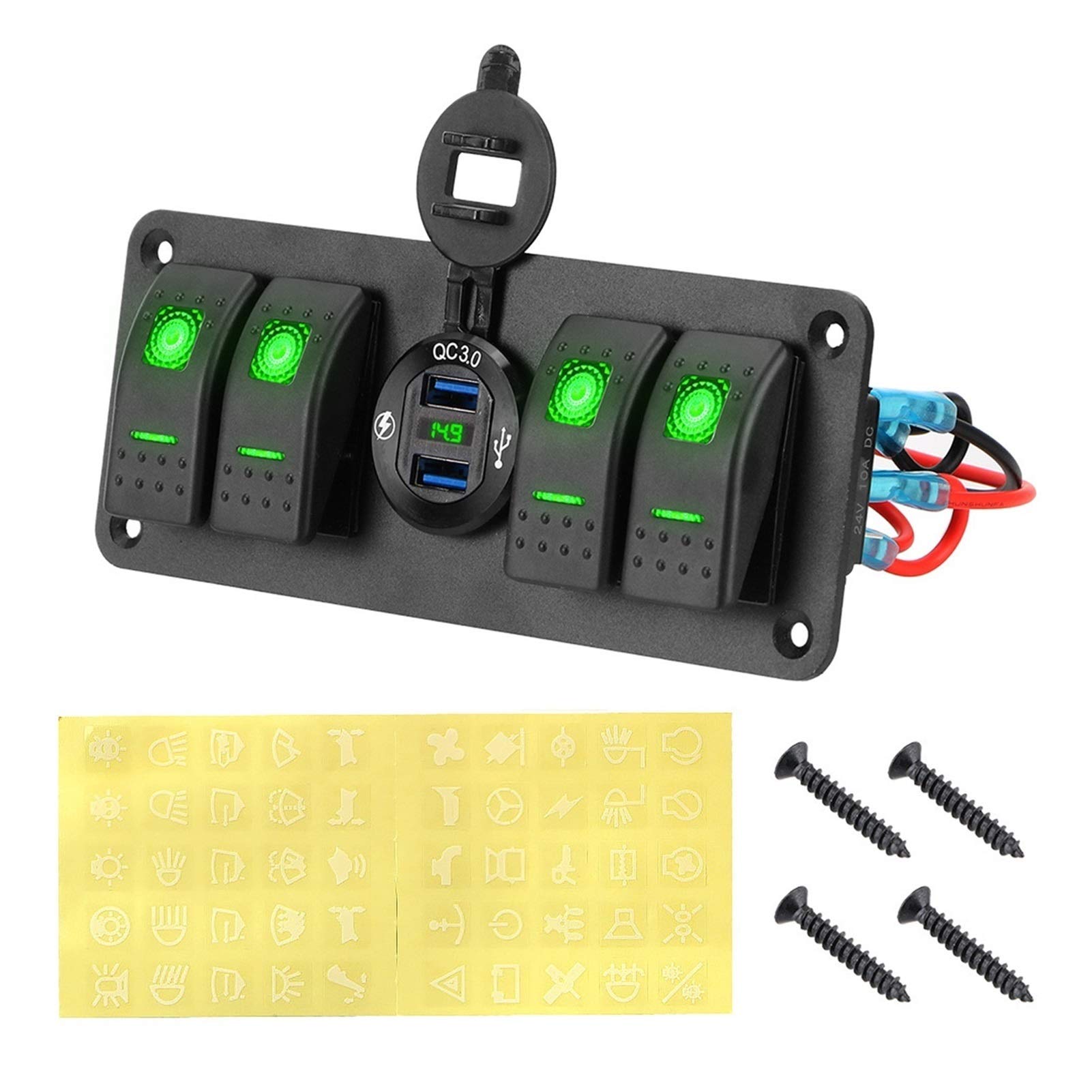 4-kanałowy panel przełączników samochodowych, kołyskowych, do sterowania obwodem 12~24V, cyfrowy woltomierz, gniazdo kombinowane, samochód SUV