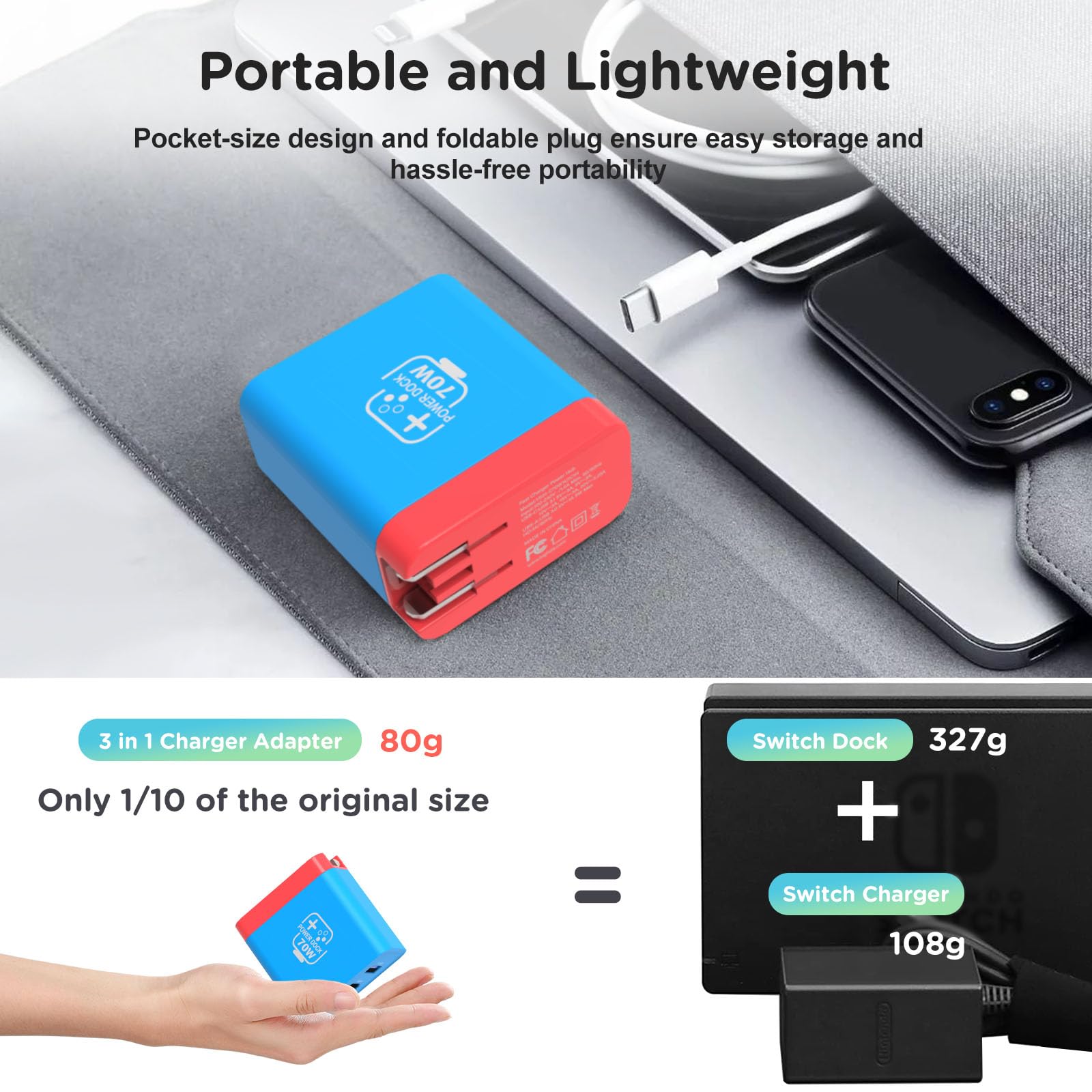 Base de carga USB C de 67 W para Nintendo Switch/OLED, estación de acoplamiento portátil de TV de viaje con puerto de carga 4K HDMI/USB2.0/PD, adaptador de carga rápida con cable USB-C para portátil,