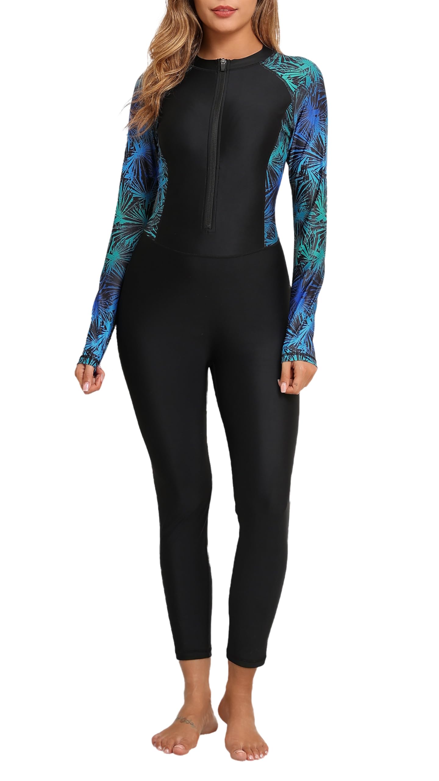 Womens Full Body Rash Guard with Built in Bra Long Sleeve One Piece Swimsuit Upf50+ Zip Front Bathing Suit-image-0