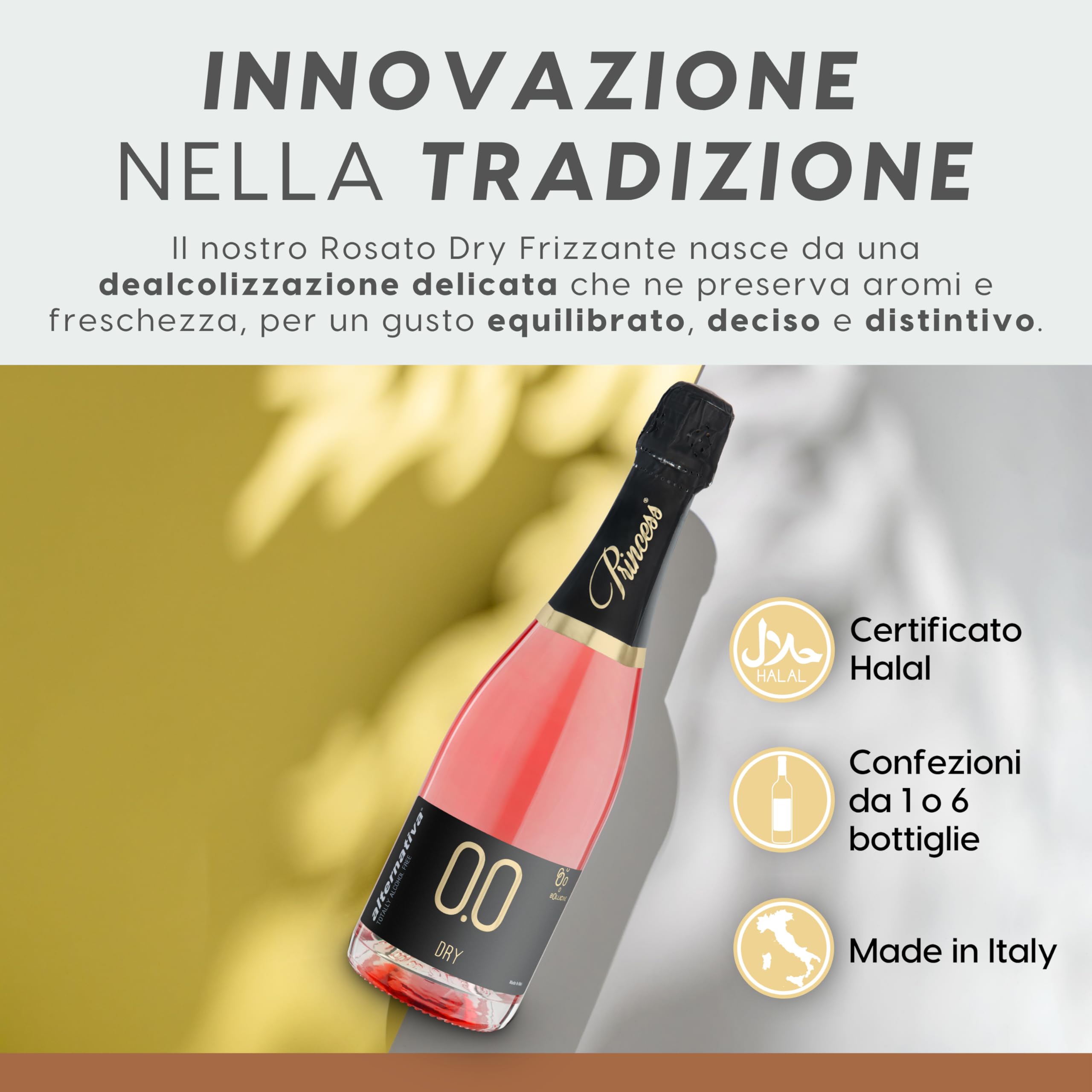 ALTERNATIVA Rosato Dry Frizzante Analcolico 0.0% - Bollicine Senza Alcol, Dealcolato Italiano - Ideale per Celebrazioni e Regali - Confezione da 6 Bottiglie da 750ml Alcool Free