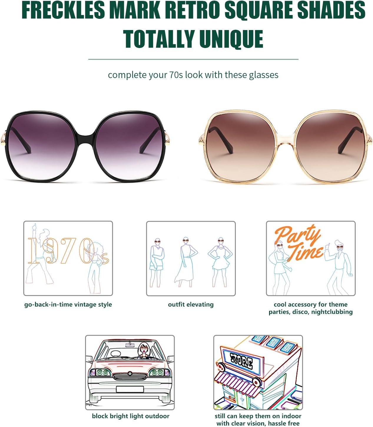 Freckles Mark 70s Super Oversize Square Sunglasses for Women Vintage Rectangular Plastic Frame - Image 6