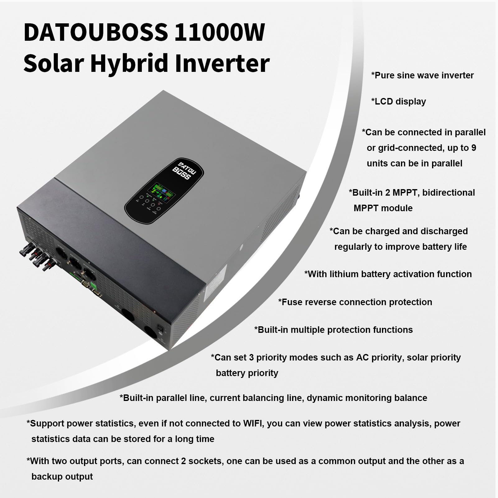 DATOUBOSS 11KW Inverter ibrido 48 V, inverter solare ibrido 48 V, 48 V DC a 230 V AC, supporta la connessione parallela e funzionamento senza batteria, 150 A MPPT,per batterie al piombo e acido al