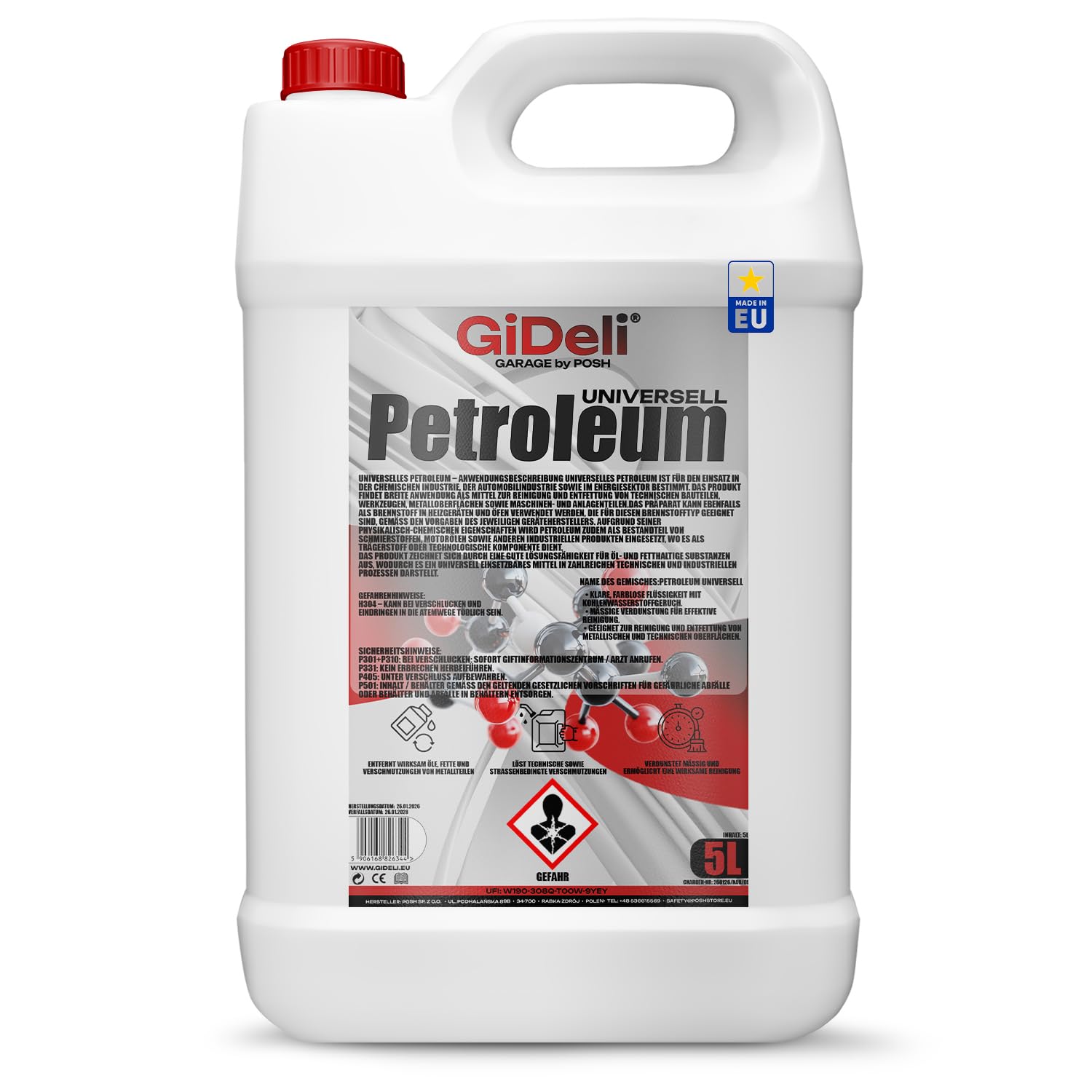 GiDeli Petroleum 5L - Hochreiner Brennstoff für Petroleumlampen, Öllampen, Laternen, Fackeln & Camping - Lampenöl gerucharm - Made in EU