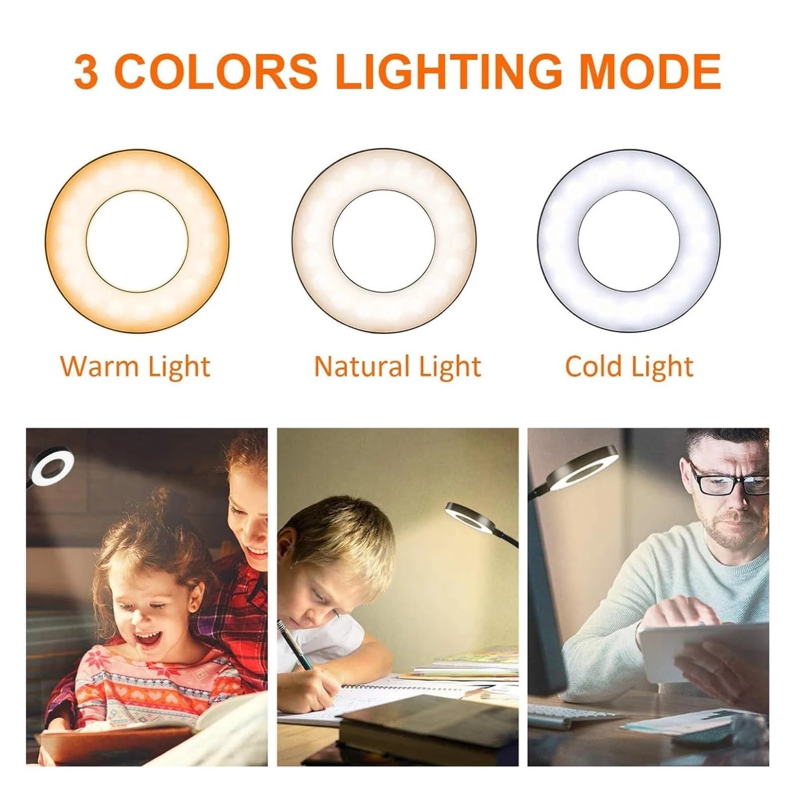 Lámpara con clip flexible de 48 LED, 360°, 3 niveles de brillo, USB