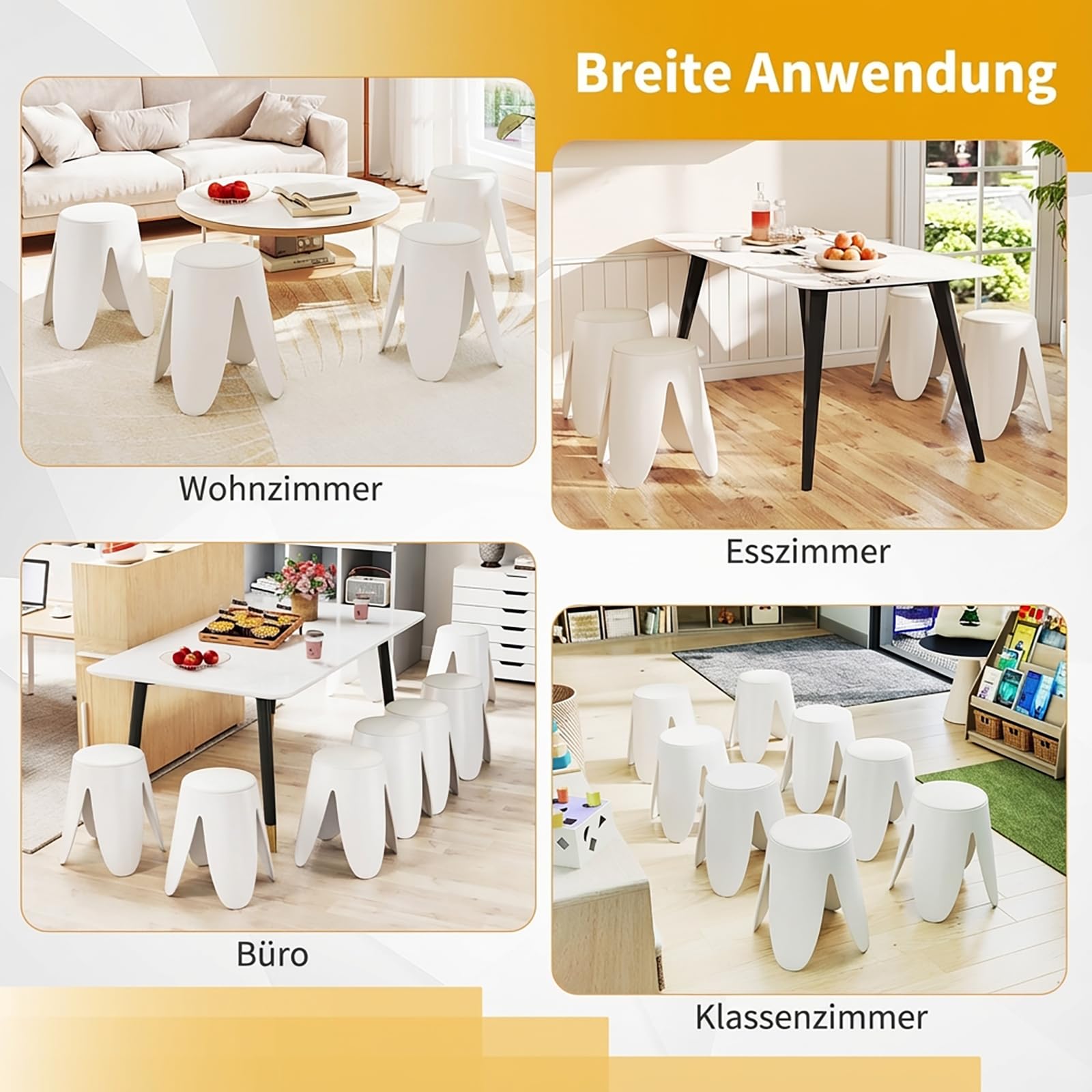 COSTWAY 8er-Set stapelbare Hocker, Sitzhocker rund mit Sitzkissen, Esszimmerhocker tragbar, Badezimmerhocker, Stapelstühle für Klassenzimmer, Wohnzimmer & Esszimmer, Ø45 x 46 cm (Weiß)