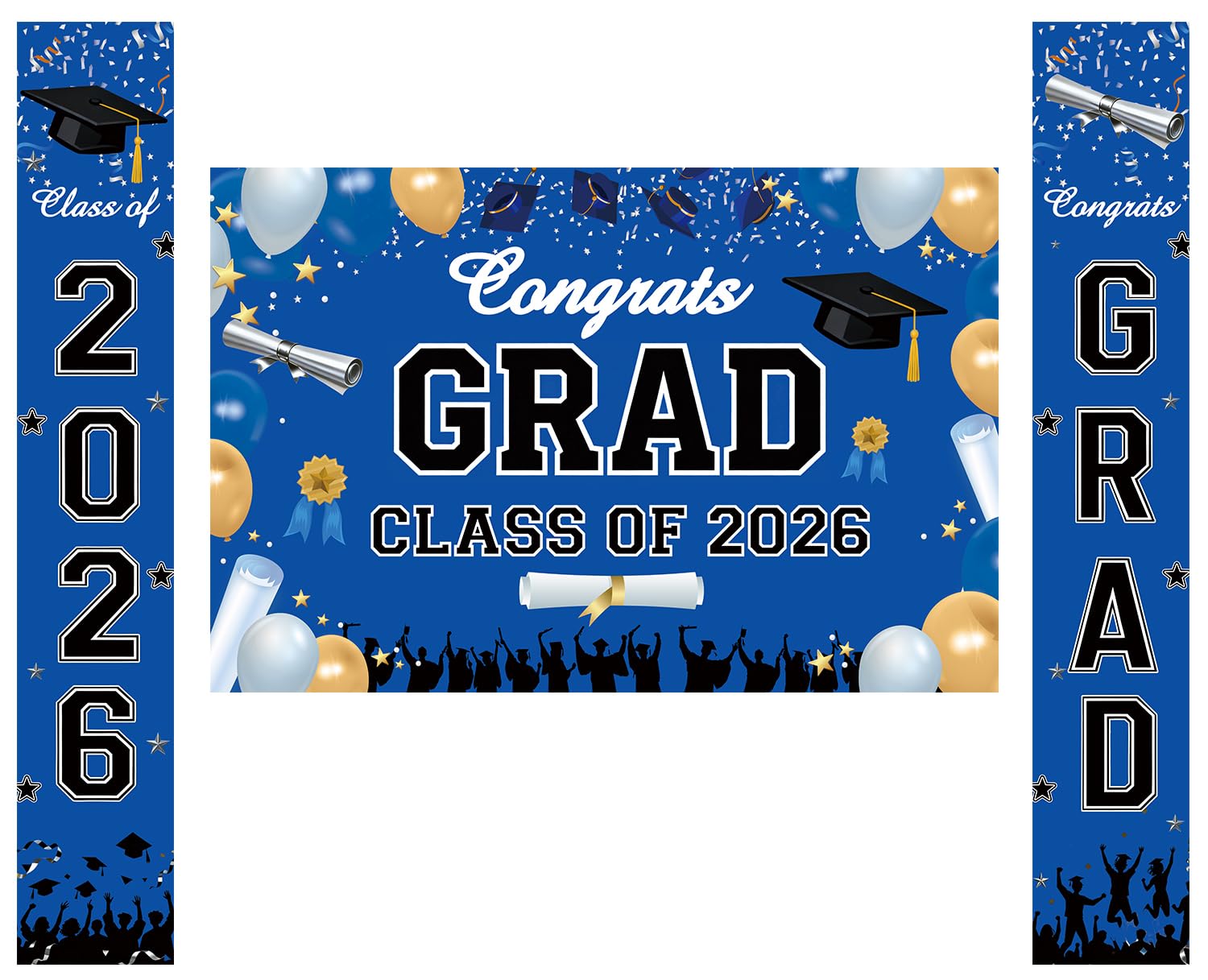 Photo 1 of 3Pcs Blue Graduation Decorations 2026 Congrats Grad Class of 2026 Backdrop and Porch Sign Banner 2026 Graduation Decorations for High School College Grad Party Decor