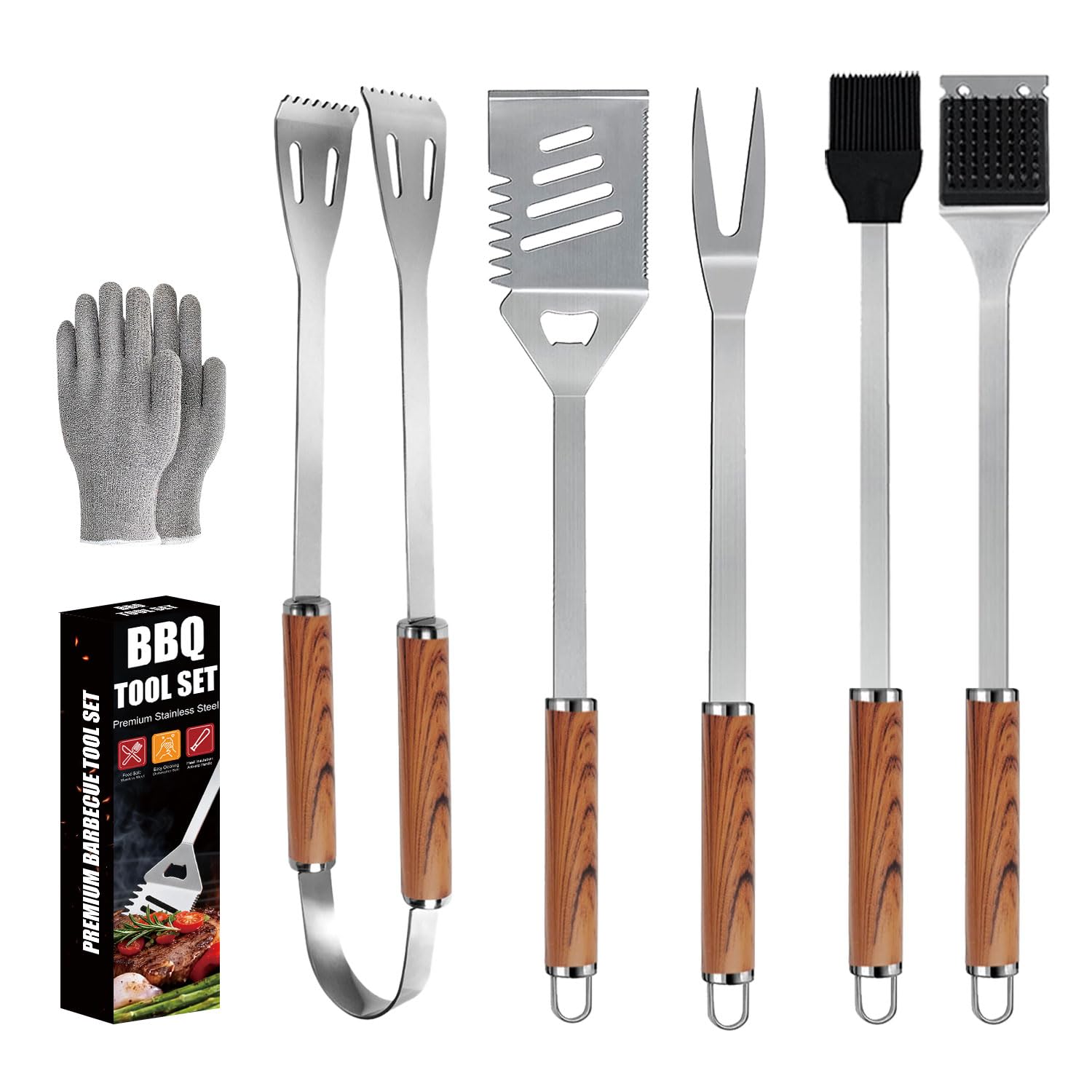 BBQ Tools Set 6PCS, Stainless Steel BBQ Accessories with Carrying Bag, Wood-Grain Grilling Utensils for Outdoor Cooking, Camping & Backyard, Gift for Men and Women