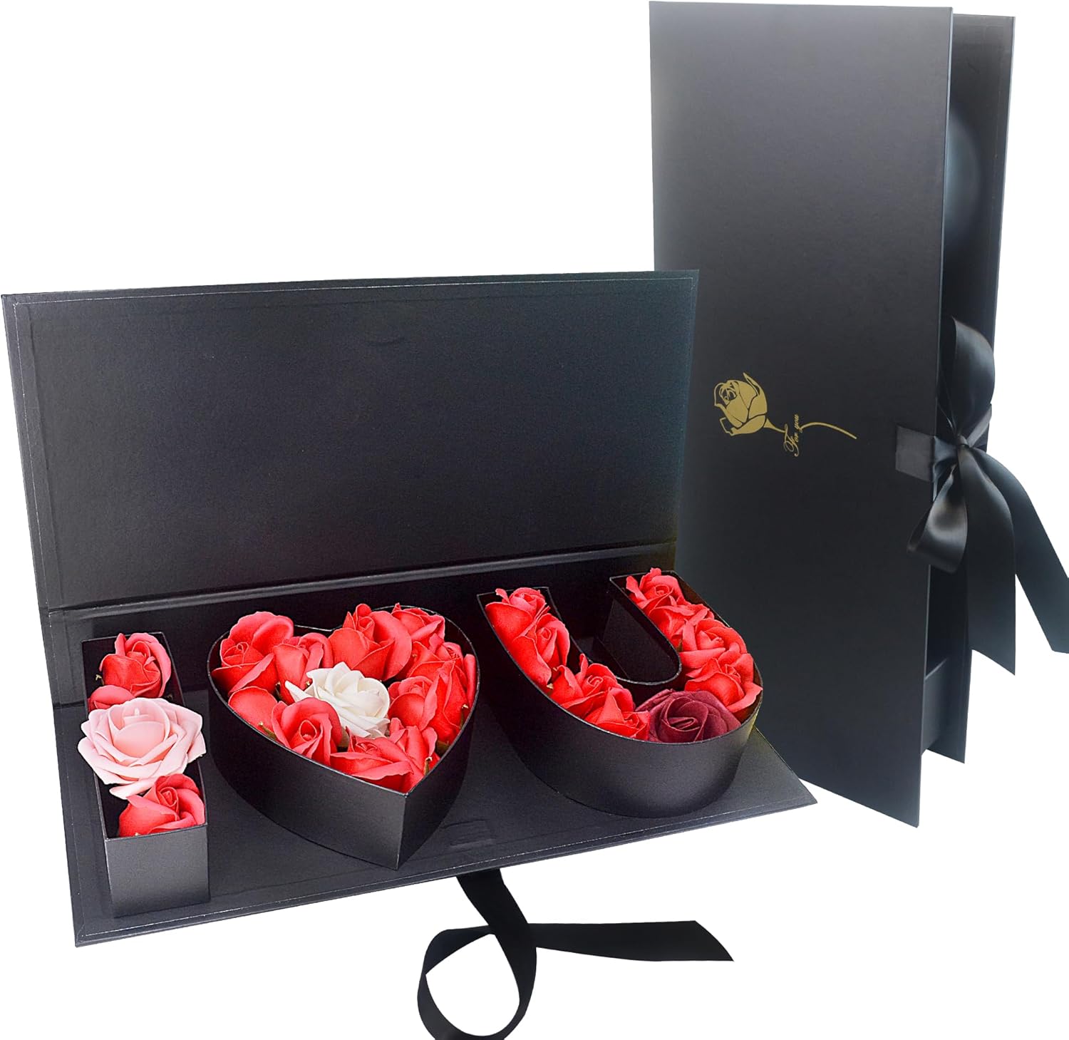 Valentines Day Flower Gift Box: "i Heart U" Letter Large Flower Boxes with Ribbon for Christmas, Wedding Party, Mothers Birthday Love Favors, Bridal Shower Chocolate Packaging, Rose Bouquet Present (black)