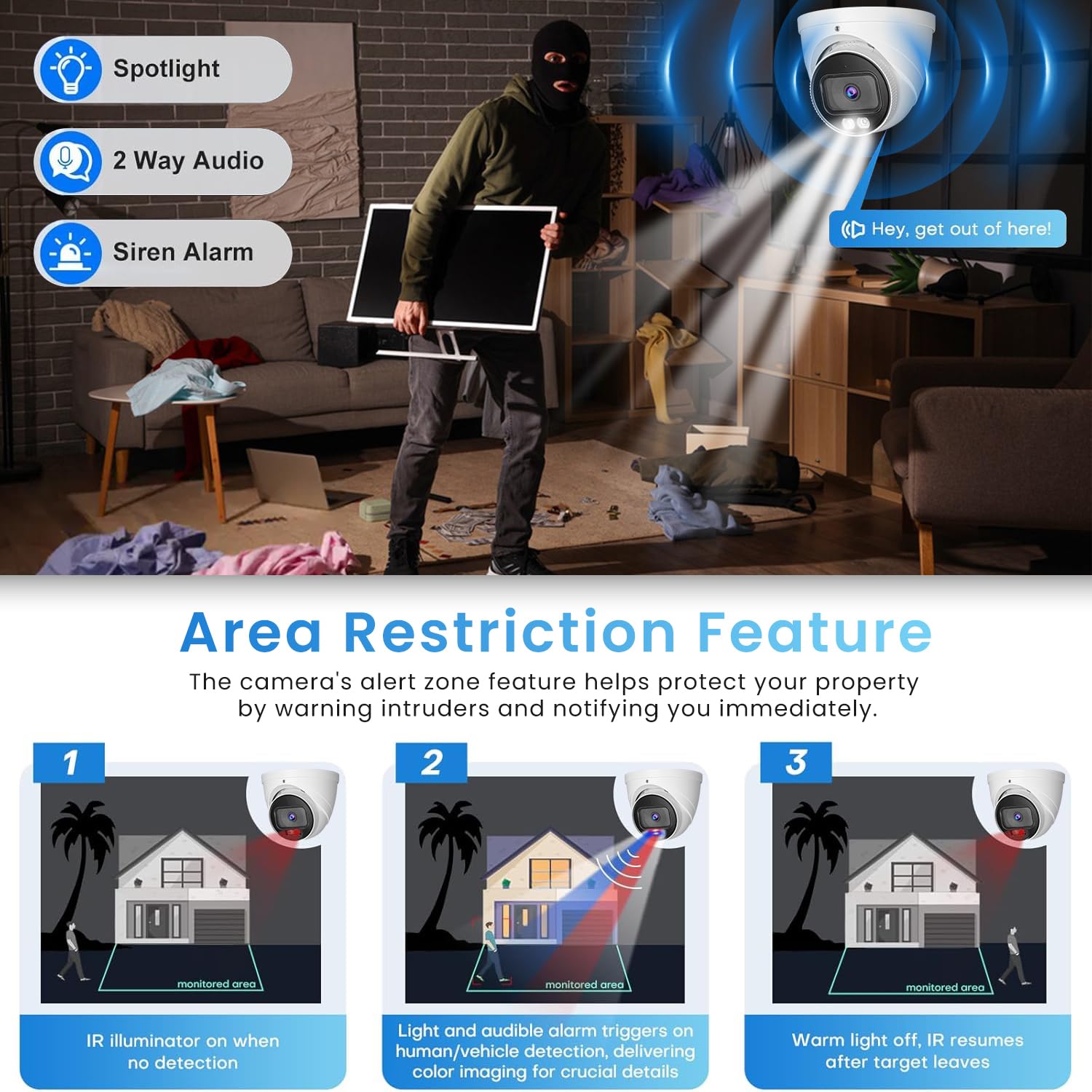 Cámara de seguridad IP POE de 5 MP con detección de humanos/vehículos IA, IP67 resistente a la intemperie, visión nocturna inteligente de doble luz, cámara domo para interiores y exteriores