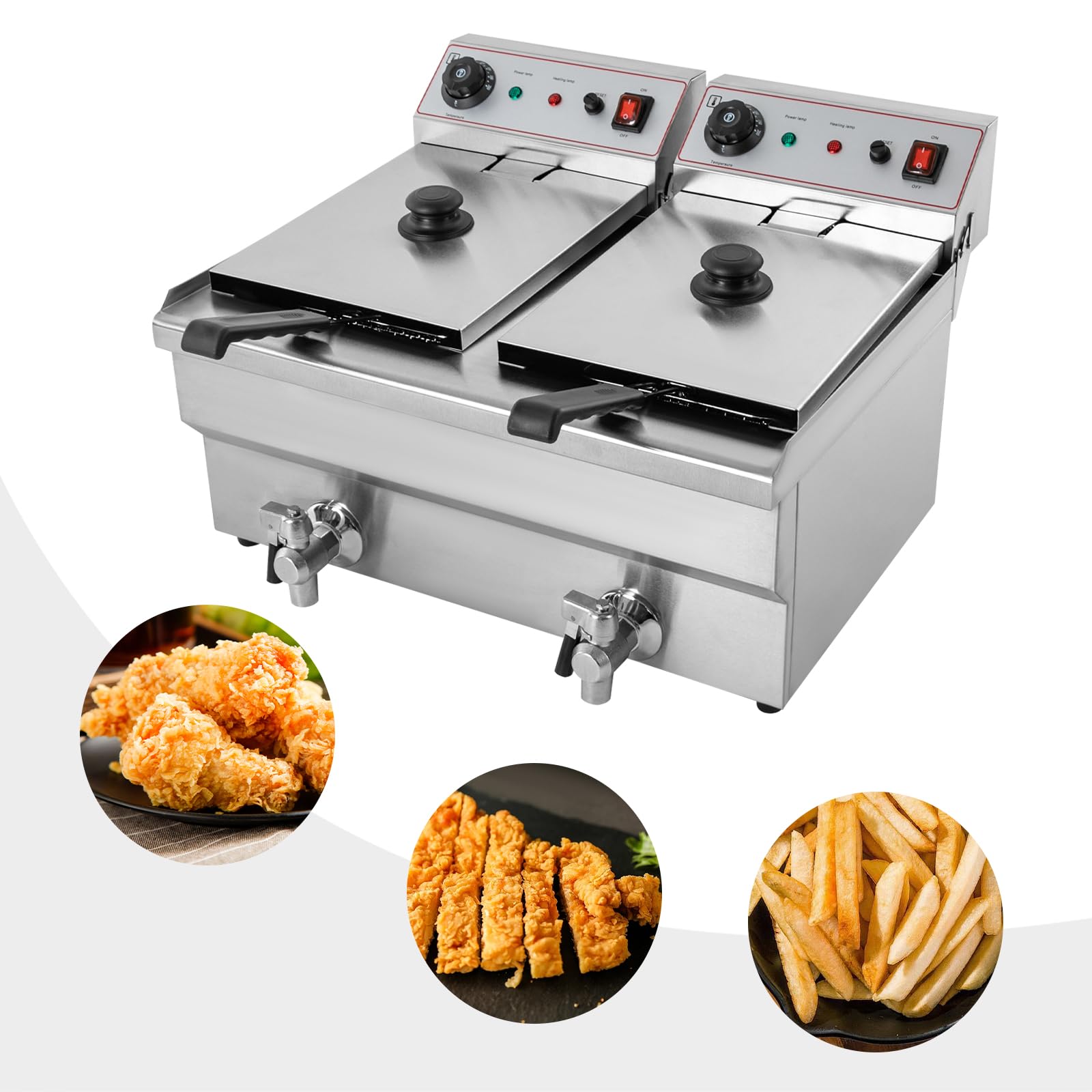 Doppel Elektrische Friteuse 6000W aus 201-Edelstahl, 2x2,2L Frittierbehälter stufenlos regelbar 60–200℃ mit Überhitzungsschutz, EU-Stecker Gewerbe Fritteuse mit Ölablasshahn