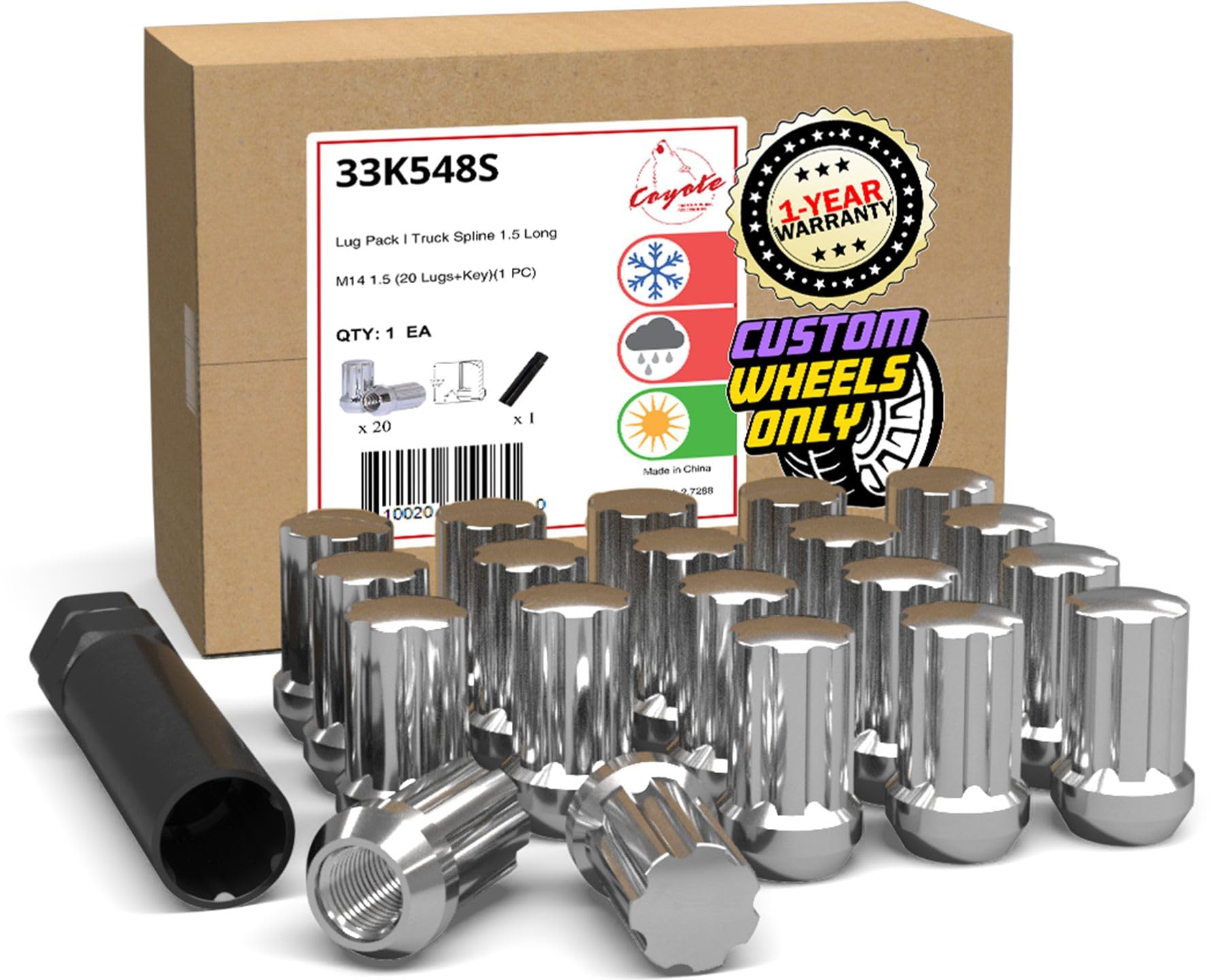 Wheel Accessories Parts Set of 20 Small Diameter Lug Nut Closed End Bulge Acorn Spline 1.54" Long (M14x1.5, Chrome)