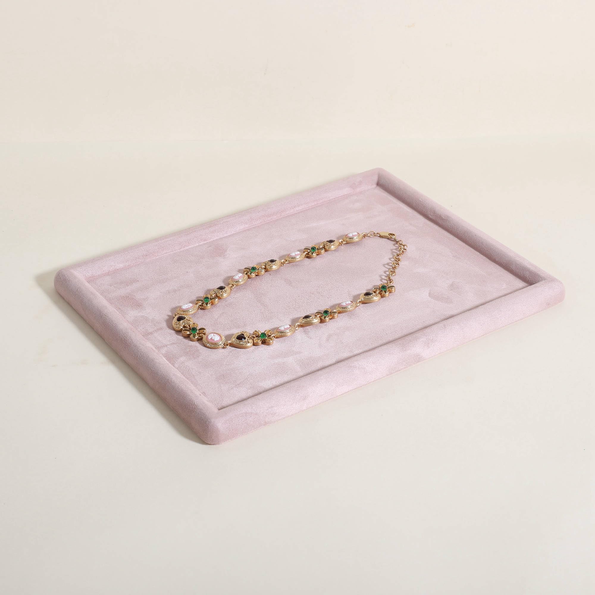 GemeShou Gemehou velvet Jewerly display tray, Top Microfiber Jewelry storage organizer plate, Empty Jewelry showcase tray for Necklace Bracelet Ring Earring Watch (Pink-Medium)