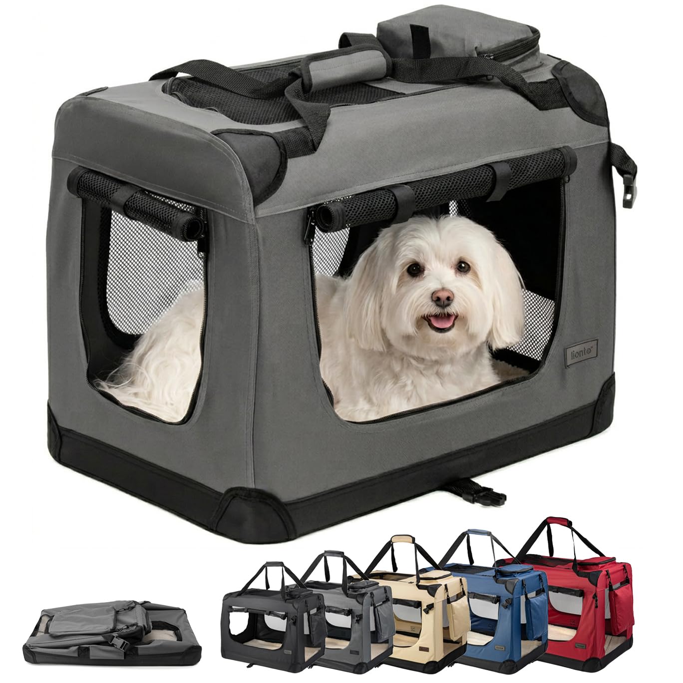 lionto Foldable Dog Crate for Travel and Car, 60 x 42 x 44 cm, Grey