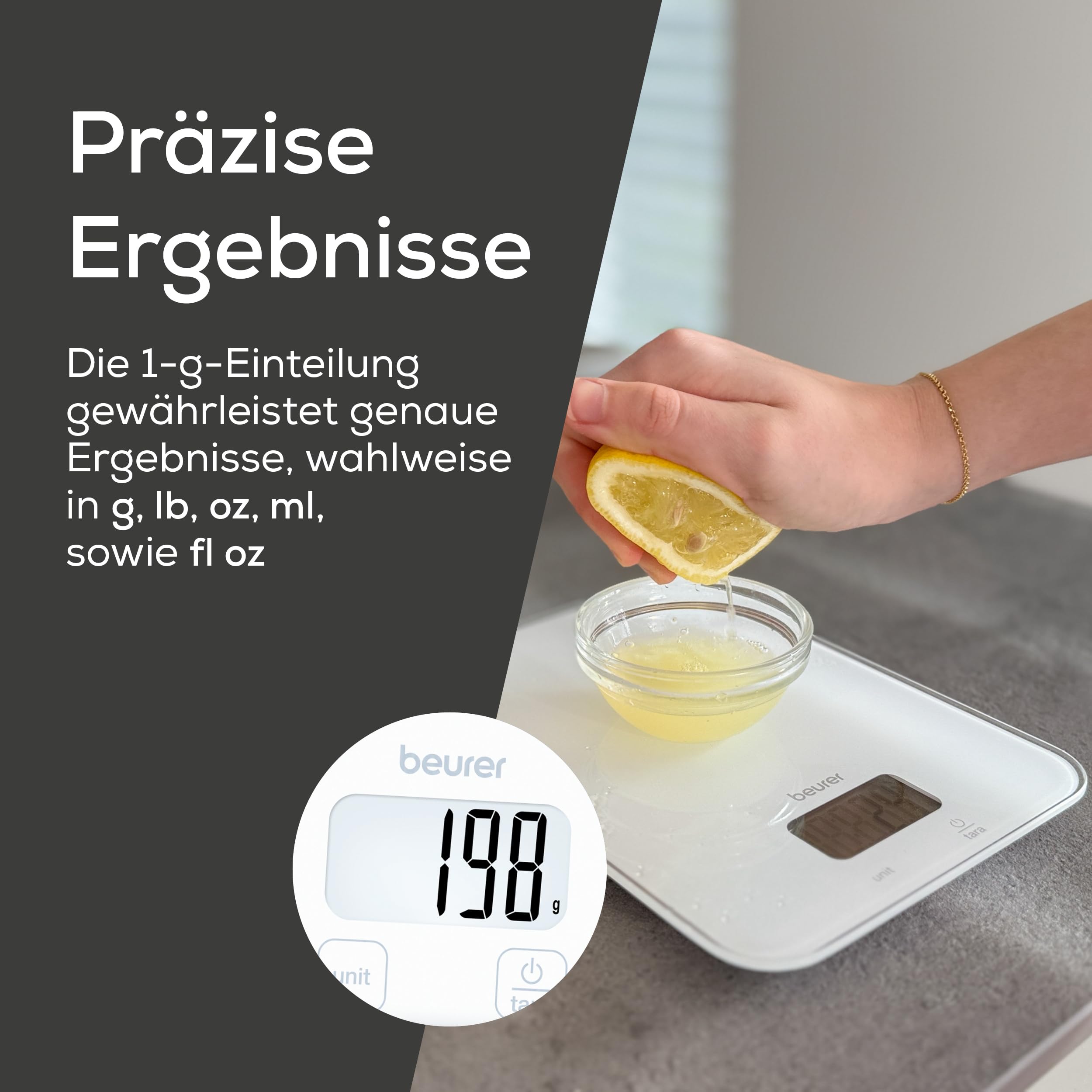Beurer KS 19 Pure White digitale Küchenwaage, Tragkraft bis zu 5 kg (1-g-genaue Einteilung), Haushaltswaage mit Sensor-Touch, Lebensmittelwaage inkl. Batterien, ultraflaches Design, weiß