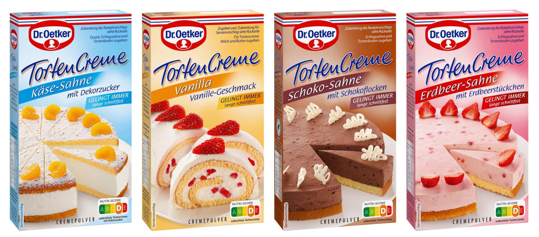Dr. Oetker Tortencreme 12er Probier-Set, 3x Käse-Sahne Tortencreme mit Dekorzucker, 3x Erdbeer-Sahne Tortencreme, 3x Schoko-Sahne Tortencreme, 3x Tortencreme Vanilla