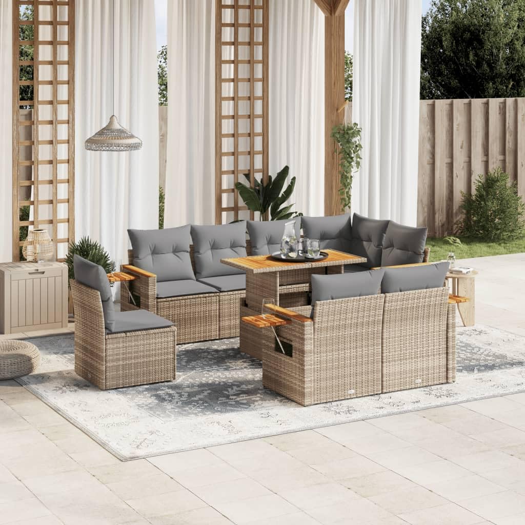 Lechnical Set Divano da Giardino 9 pz con Cuscini Beige in Polyrattan,Set di Conversazione per Patio,Set Salotto da Esterno,Set Divano da Giardino Esterno-3273614