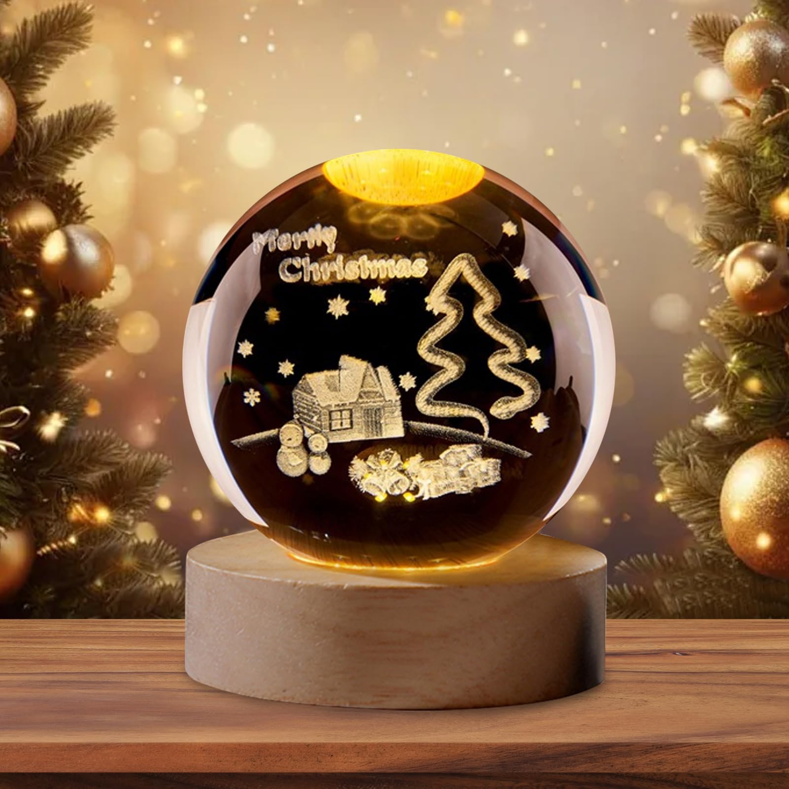 Luce Notturna Sfera Di Cristallo 3D Con Base In Legno - Motivi Delfino, Rosa, Alce, Balena, Luna - Lampada Decorativa USB - 4