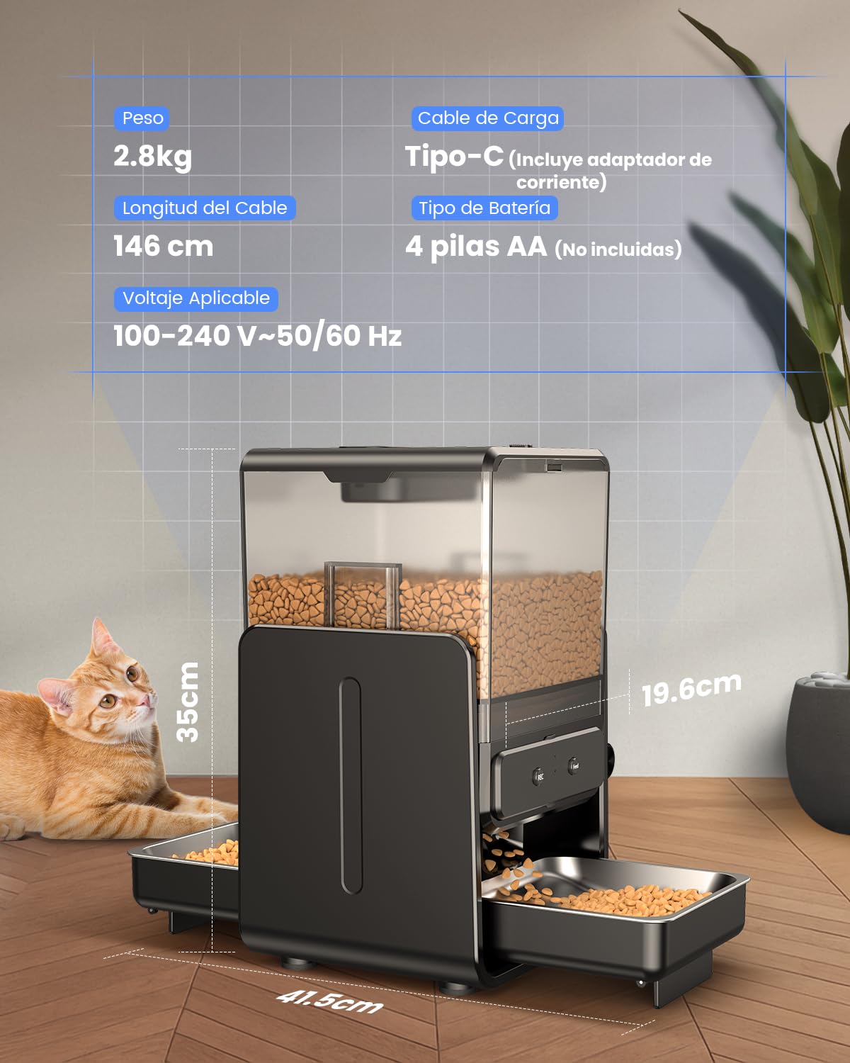 Comedero Gato Automatico con Control App para 2 Gatos, Altura Ajustable para Mascotas Pequeñas, Dispensador Comida Gatos de 5 litros para Alimento Seco, Grabadora de Voz