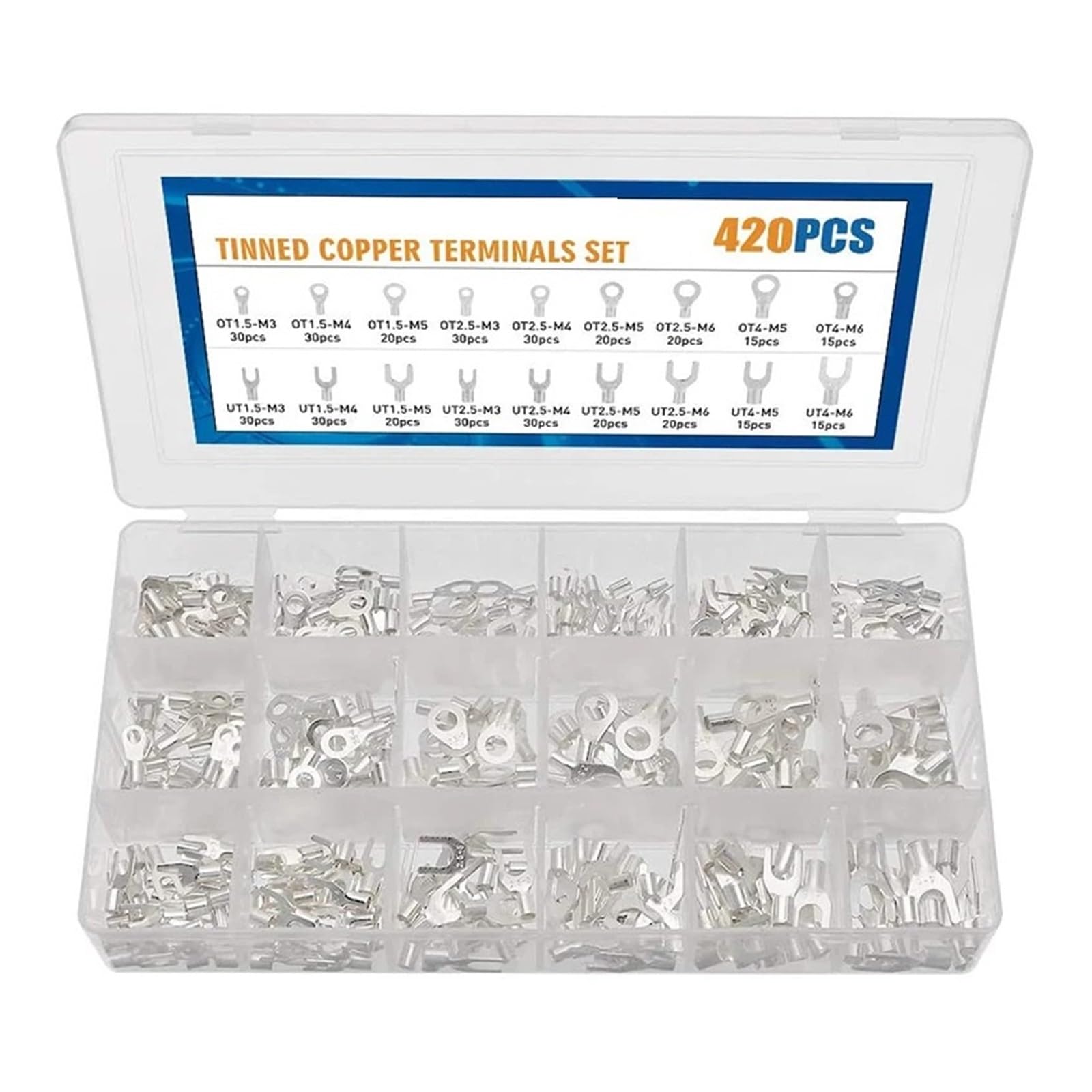 Bylsagwht One Color 420Pcs Cable Lug Set Crimp Connector Electrical Wire Silver Plated Copper Ring Fork Lugs M3 M4 M5 M6