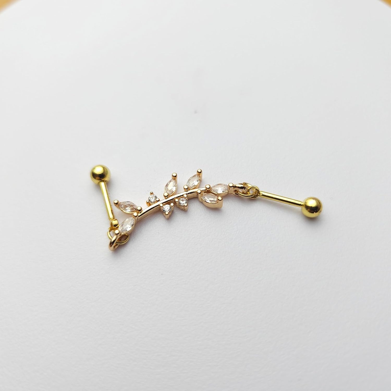 16G CZ Leaf Chain Industrial Barbell Cartilage Earrings Gold 316L Stainless Steel Industrial Piercing Jewelry Sparkle Conch Helix Chained Industrial Bar for Women - Image 3