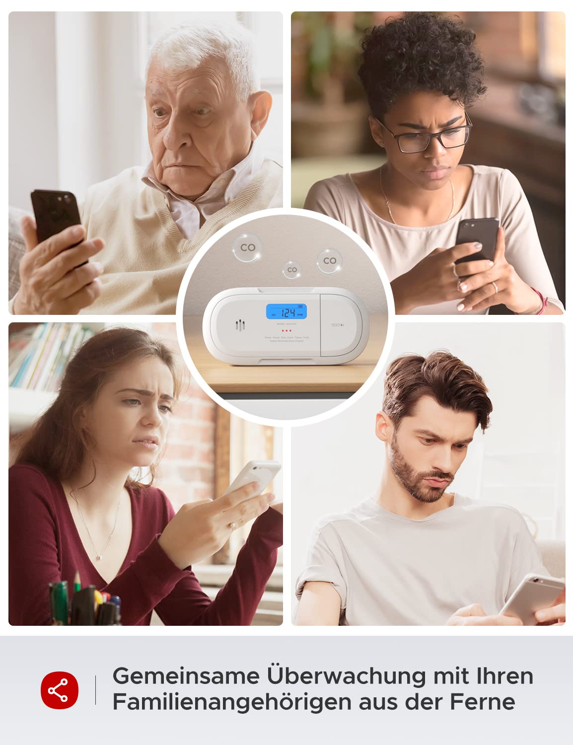 X-Sense Smart-Kohlenmonoxidmelder, WLAN-Kohlenmonoxidmelder, Echtzeit-Push-Benachrichtigungen über X-Sense Home Security-App, austauschbare Batterie, freistehendes Design, XC04-WX