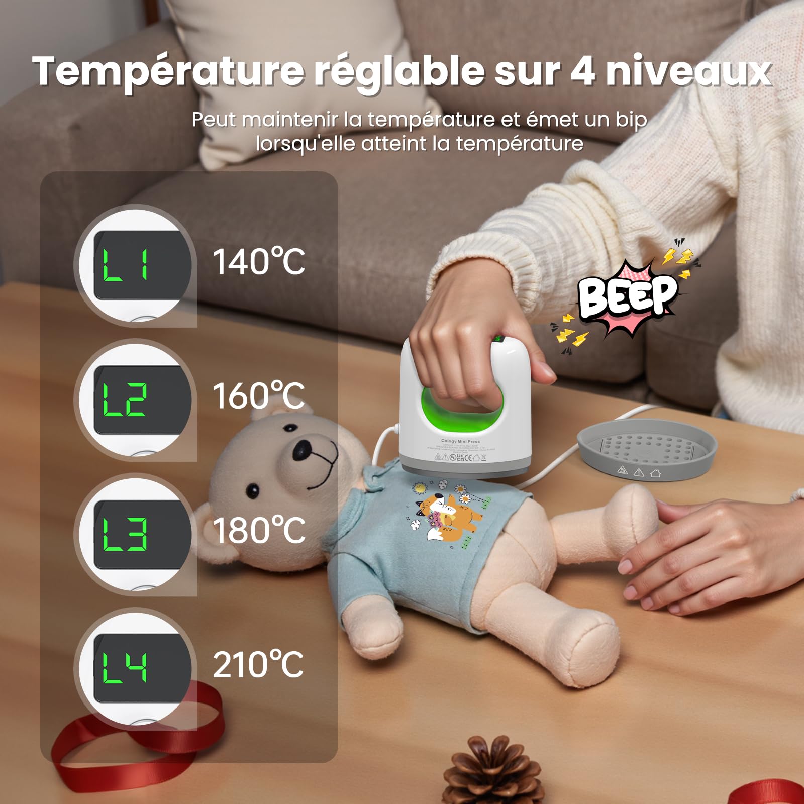 Calogy Mini presse à chaud, Traceur de transfert 4 niveaux de température max 210 ℃ Fer d'impression de précision à chauffage rapide pour t-shirts, manchettes, chaussures, tasses et bricolage