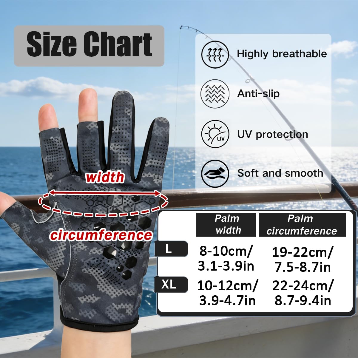 Guantes de Pesca Ciclismo Antideslizantes - Guantes Verano Medio Dedo Hombre Mujer, para Pesca, Caza, Senderismo (Mida la Circunferencia de la Palma Antes de ordenar)