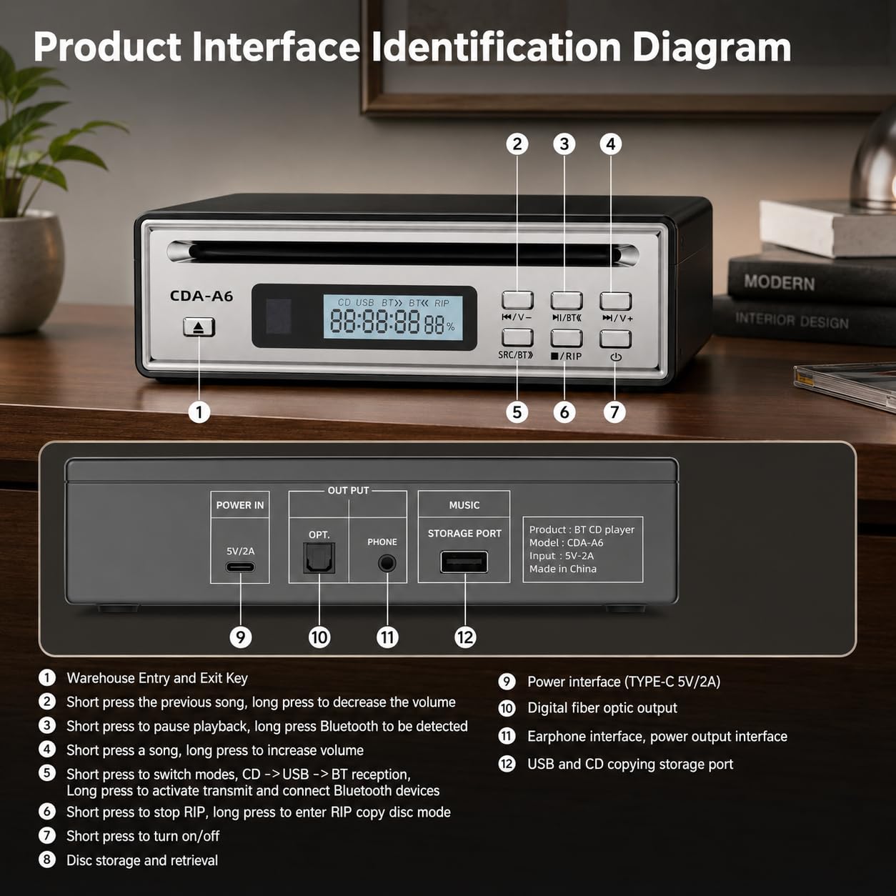 Lecteur CD Ripper Bluetooth One-Touch WAV Ripper et entrée USB