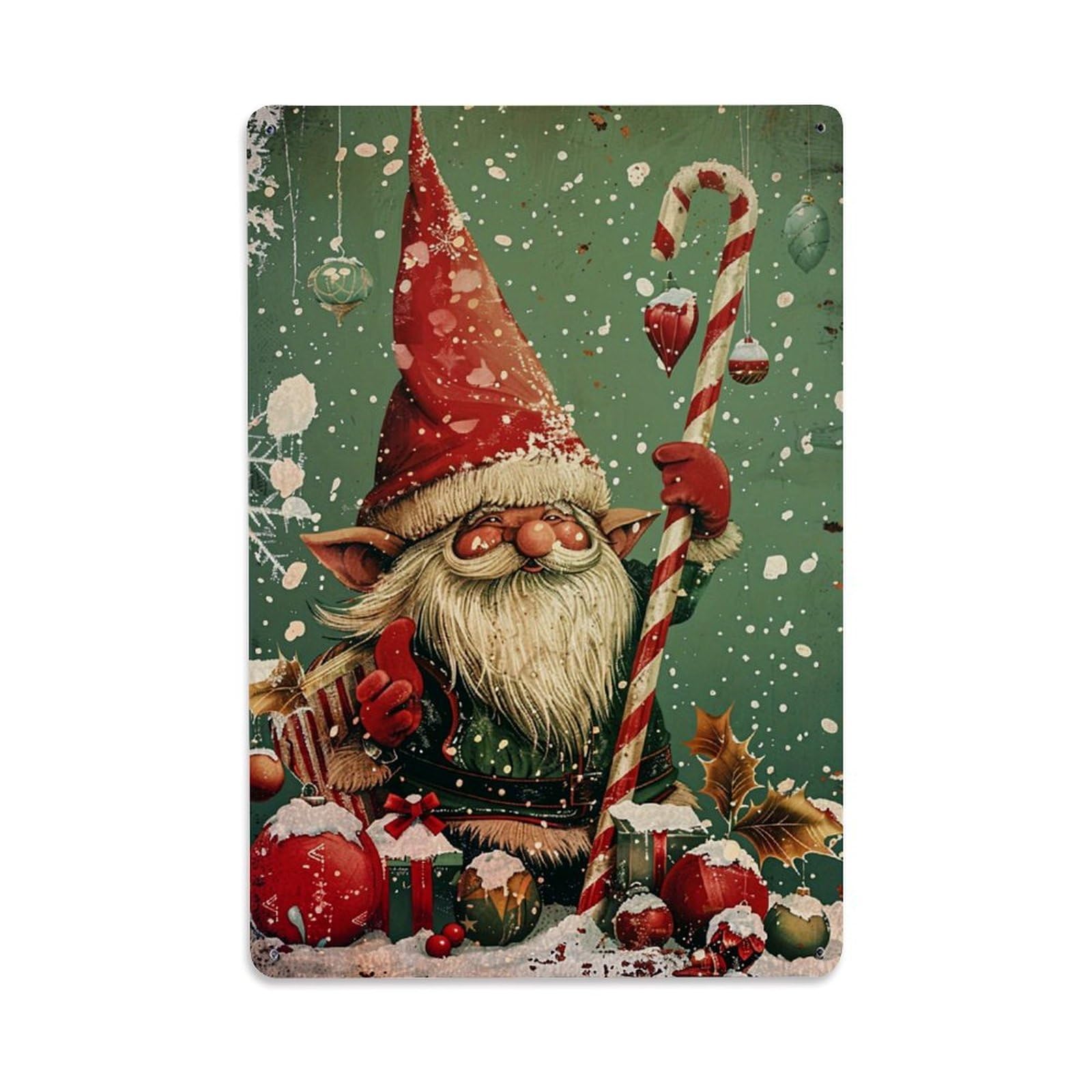 Jdfenggu Vintage Christmas Gnome Candy Cane Snowflake Retro Metal Tin Sign, Decor Art Poster For Bar, Home, Man Cave, Kitchen, Laundry Room Gift 8X12inch
