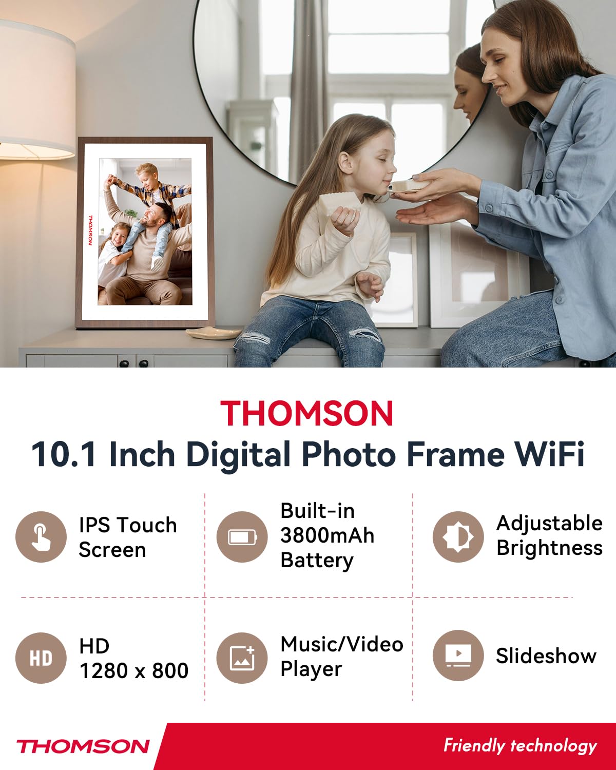 THOMSON Cornice Digitale WiFi, Cornice Digitale Foto Batteria interna, 10,1 Pollici 1280x800 Schermo Touch HD IPS, Portafoto Digitale Memoria 32 GB, Condivisione di Immagini Musica Videos del lettore
