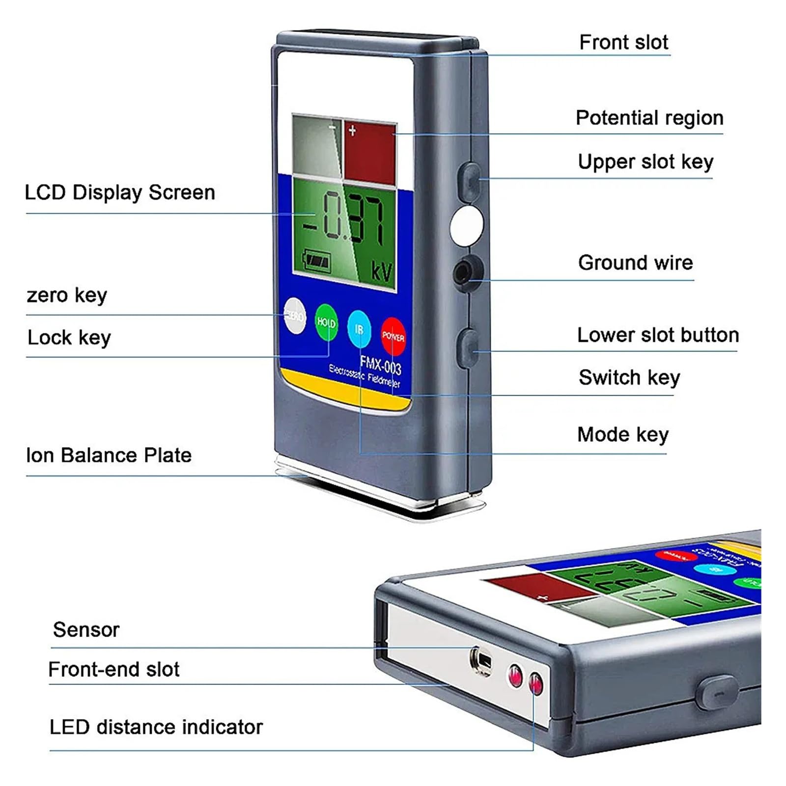 FMX-004/003 Medidor de campo electrostático portátil Tamaño de bolsillo | Probador electrostático ESD con pantalla LCD ±1.0kV a ±20/30.00kV(FMX-004)