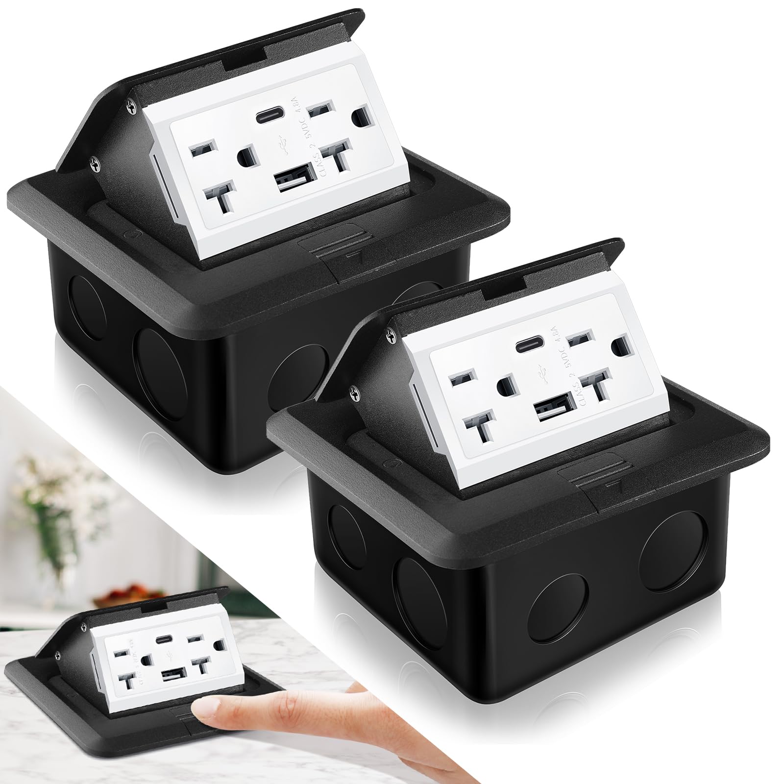 Hoolerry 2 Pack Pop up Floor Outlet Floor Kit Waterproof Electrical Outlet Cover Box with 4.8A USB A & Type C Charge and 20 Amp Tamper Resistant Socket Receptacle for Countertop Office Home (Black)