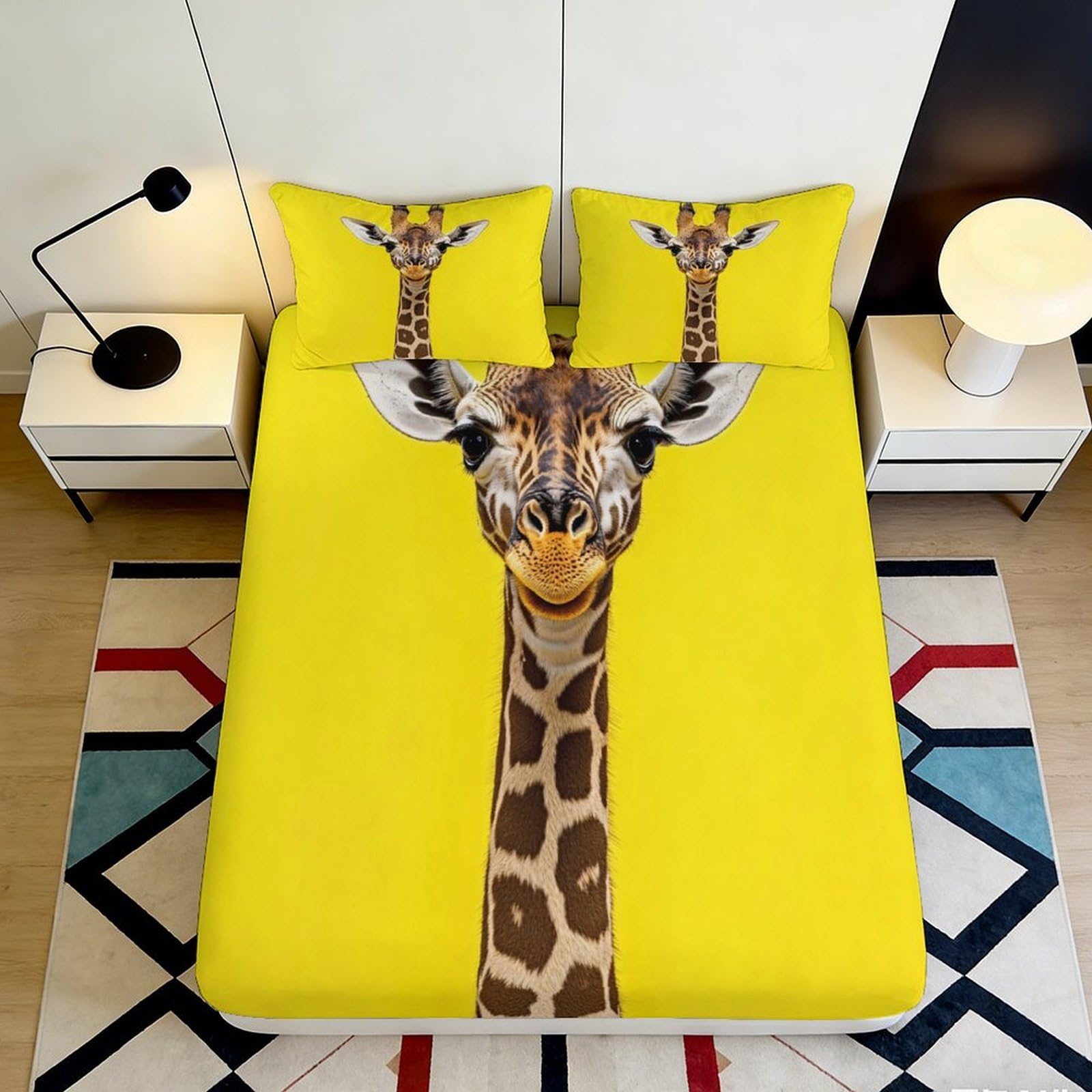 3D Printed Giraffe Yellow Fitted Sheet Microfiber Soft Decorative Animal Bed Sheet for Bedroom Guest Room Dorm 90x200x25cm