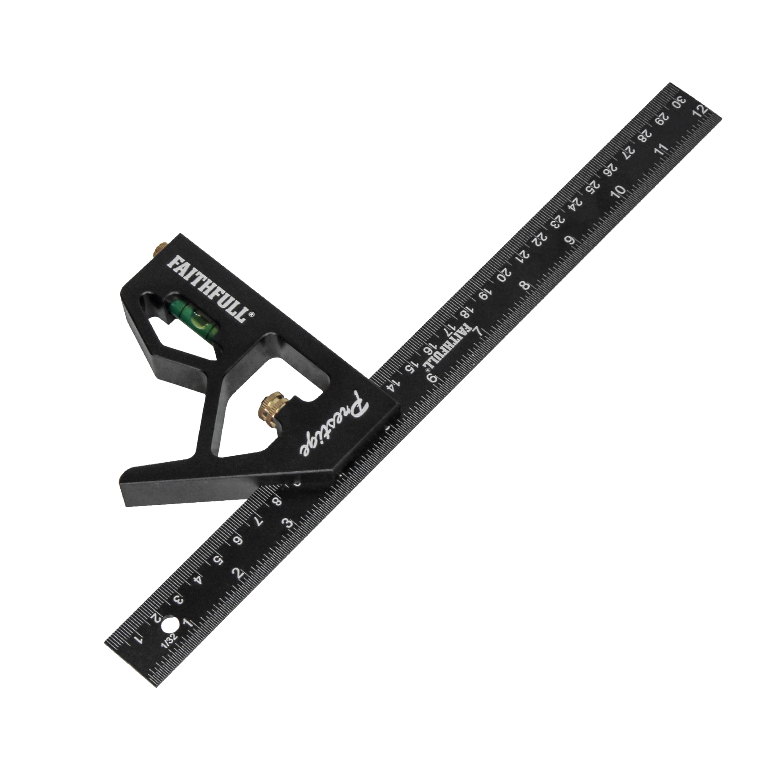 Faithfull Black Prestige Combination Square Aluminium 300Mm (12In) – Multi-Function Measuring & Layout Tool With Spirit Level & Marking Scribe For Woodworking & Metalwork