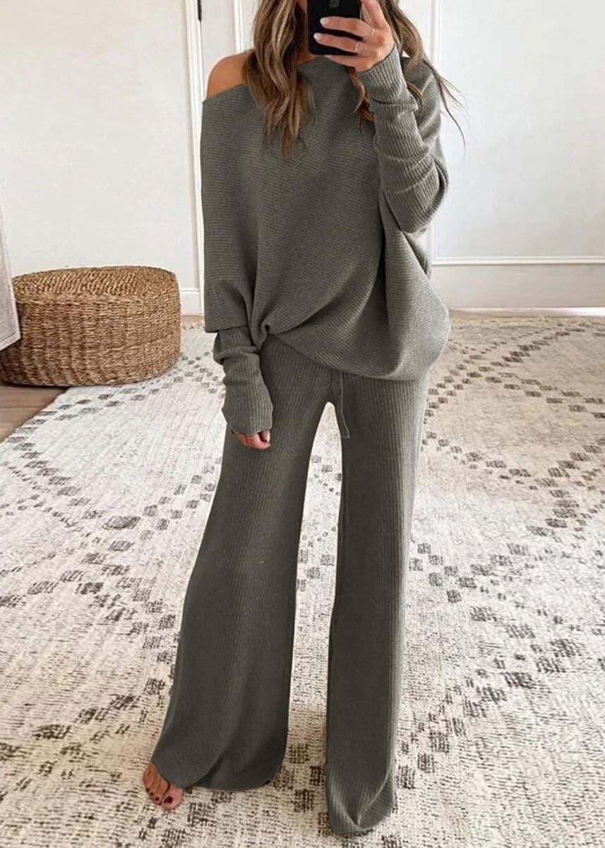 Damski 2-częściowy dzianinowy zestaw z długim rękawem off the Shoulder sweter i długie spodnie do biegania