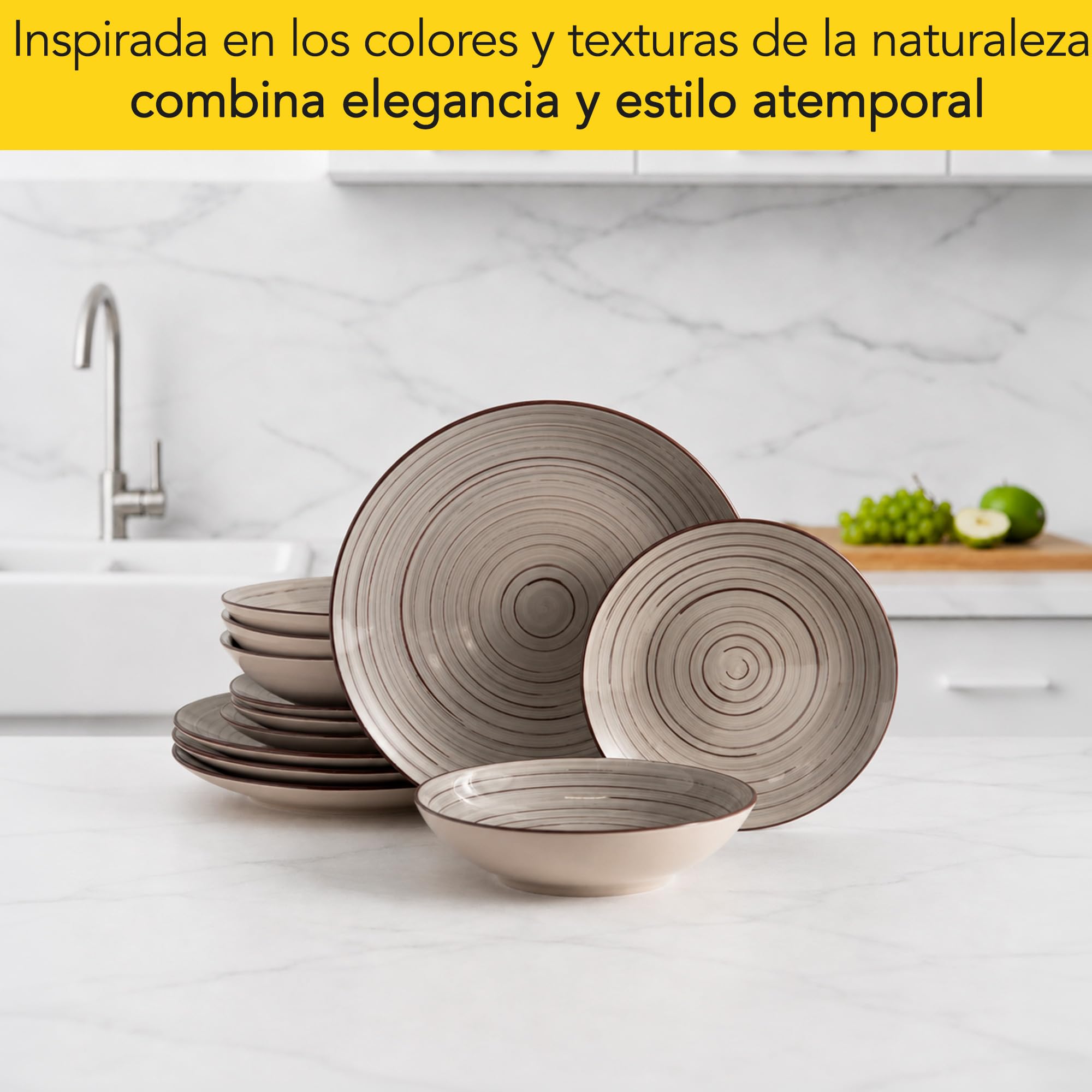 CASTEY - Vajilla Maia Terra de 12 Piezas para 4 Personas, Loza Cerámica Resistente, Incluye 4 Platos Llanos, 4 Platos Hondos y 4 Platos de Postre, Apta para Microondas y Lavavajillas, Fácil Limpieza