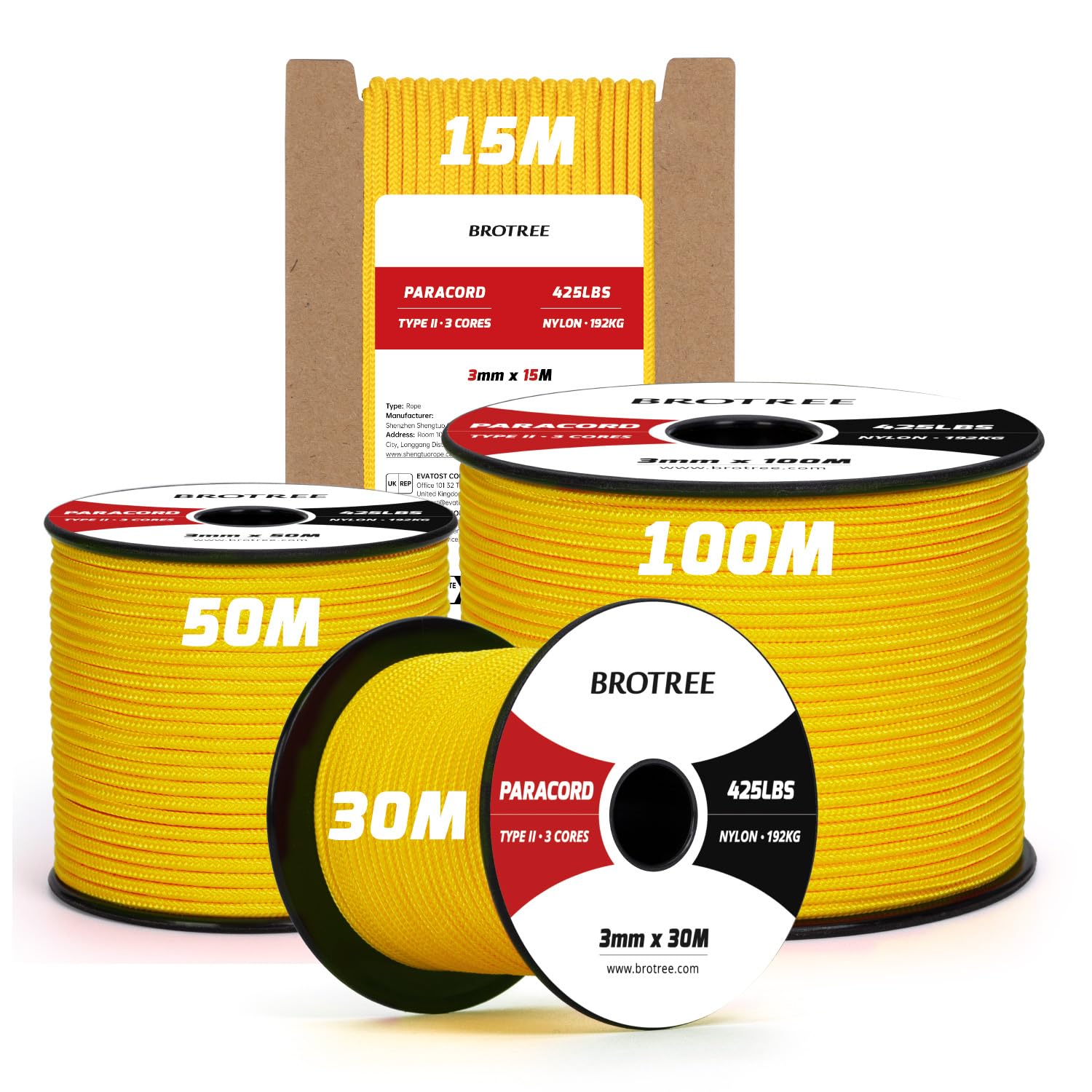 Brotree Paracord 3mm 15M Cuerda 100% Nylon Tipo II 3 Hebras Cuerda Paracord 425 para Exterior, Bricolaje - 192 kg Carga de Rotura (Amarillo Dorado)