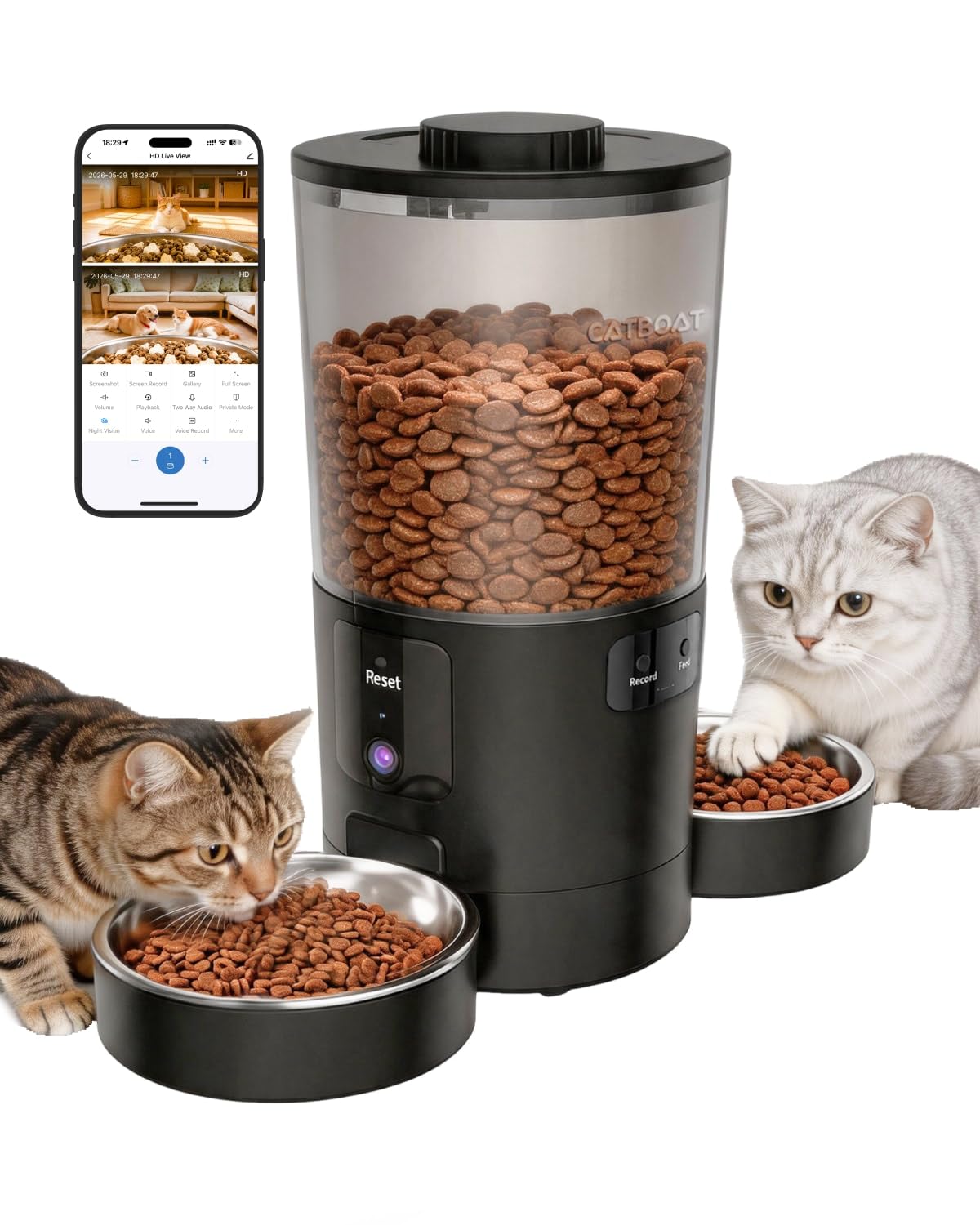 Dual-Camera Automatic Pet Feeder with 2 Bowls, 6L Smart Feeder for 2 Cats