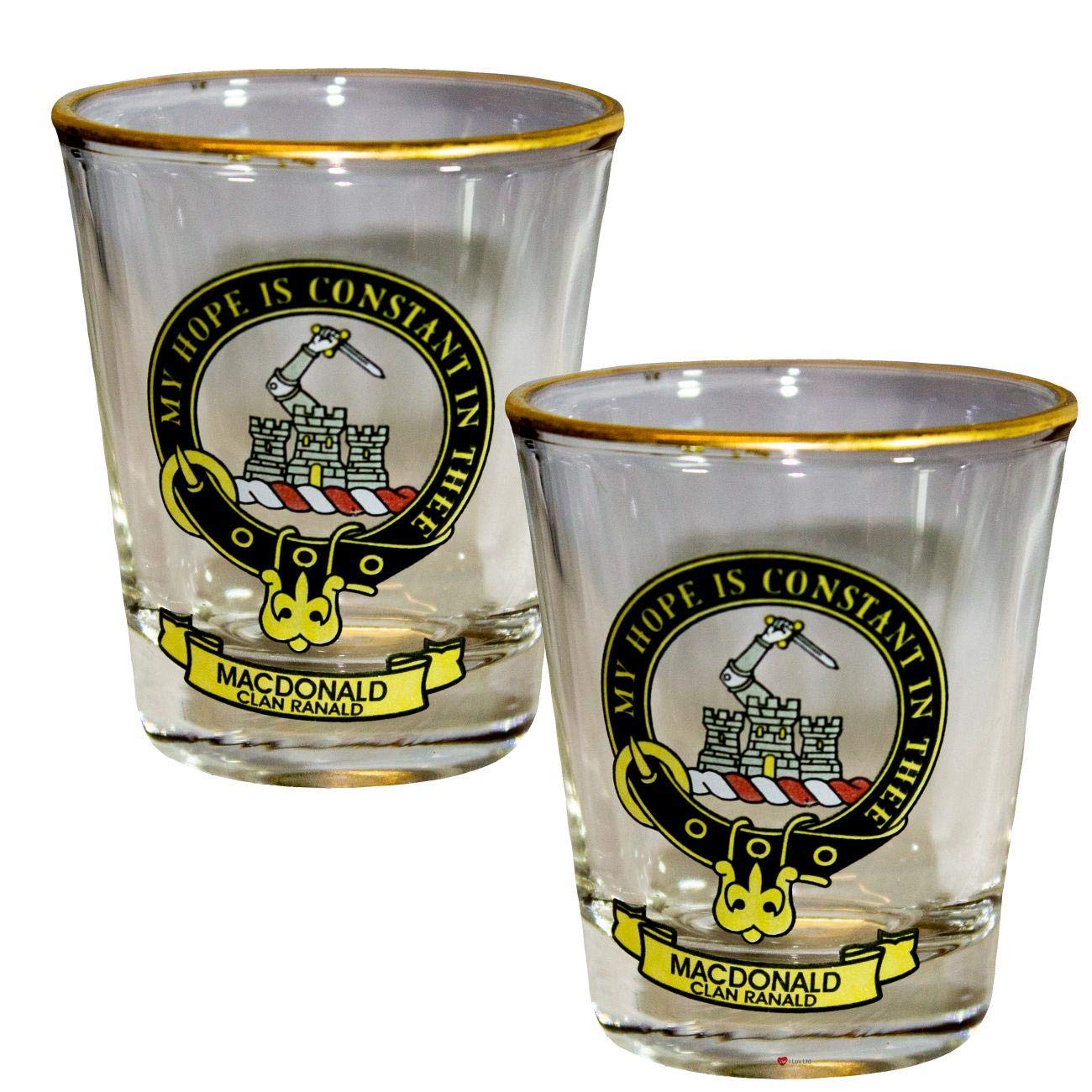 I LUV LTD Shot Glass Wee Dram Macdonald Clan Ranald Clan Crest Set of 2 Whisky Tots