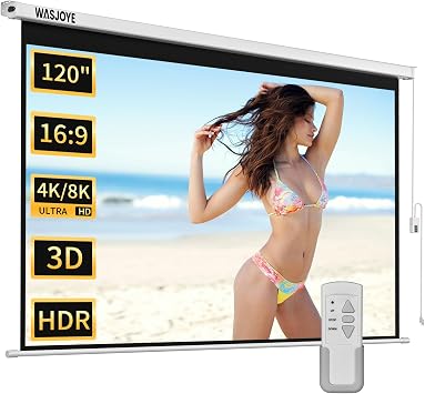 WASJOYE 120"Motorized Projector Screen Electric Diagonal Automatic Projection 169 8K HD Movies Screen for Home Theater Cinema Office Video Game Outdoor Indoor W/Remote Control and Wall/Ceiling Mount