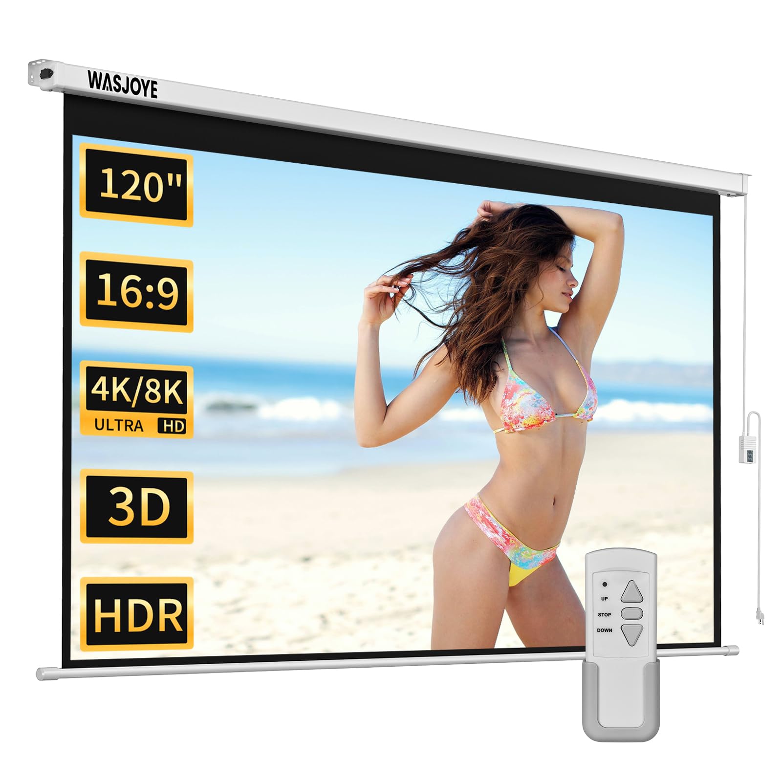 WASJOYE 120 "Schermo Proiettore Motorizzato Diagonale Elettrico Proiezione Automatica 16: 9 Telo Videoproiettore HD 8K per il Gioco per Uffici di Cinema Home Theater Projector Screen W/telecomando