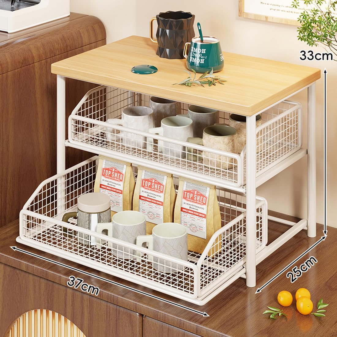 Kitchen Countertop Organizer with Drawer & Wire Basket, 2-Tier Metal Pull-Out Storage Rack, Space-Saving Small Microwave Countertop for Coffee Maker/Seasoning Bottle/Kitchenware (Standard-D)