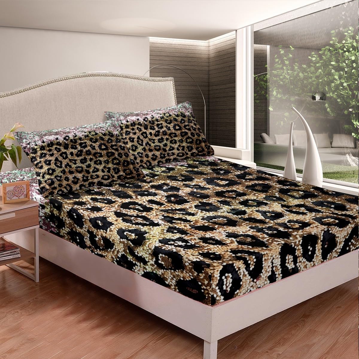 jejeloiu Gold Leopard Print Fitted Sheet Twin Size Cheetah Bed Sheets Set for Kids Boys Girls Decor Safari Animal Skin Wildlife Farmhouse Glitter Bedding Set Soft Lightweight Bedroom Decor 3Pcs