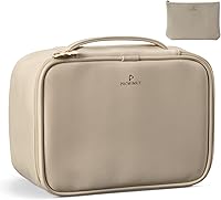 Vista 13 de Pocmimut Bolsa de maquillaje, bolsa de cosméticos grande 2 en 1 con soporte para cepillos, bolsa de aseo de viaje y organizador de tocador para Beige