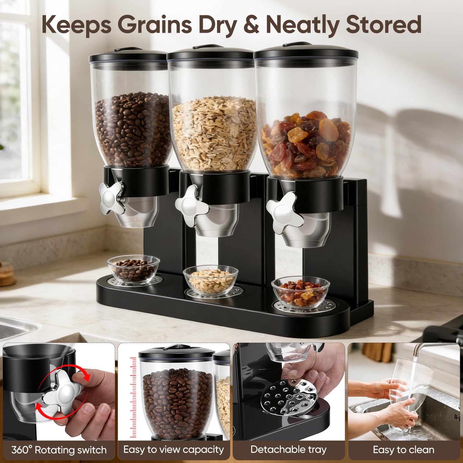 Distributore Di Cereali, Set Da 3 Pezzi Capacità 2 L Capacità Totale 6 L Triplo Distributore Di Cereali Per Cornflakes Caramelle Frutta Secca Riso Cereali Dolci E Chicchi Di Caffè