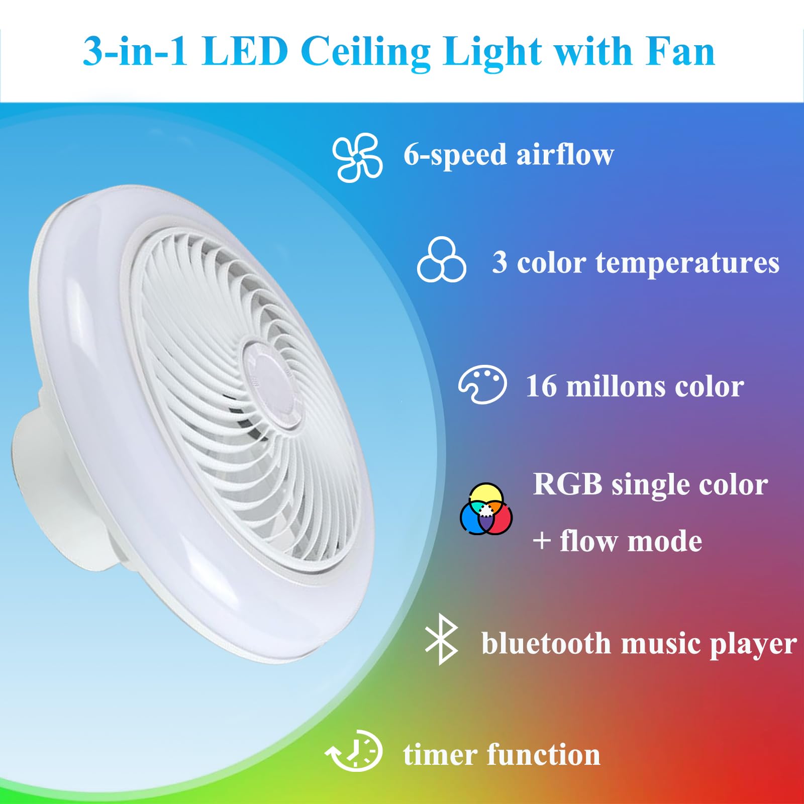 VOMI Reversibler Deckenventilator mit Beleuchtung RGB Fan Deckenlampe mit Bluetooth Lautsprecher, Schlafzimmer Lampe Decke mit Ventilator Kinderzimmer Deckenleuchte LED Dimmbar Fernbedienung/APP