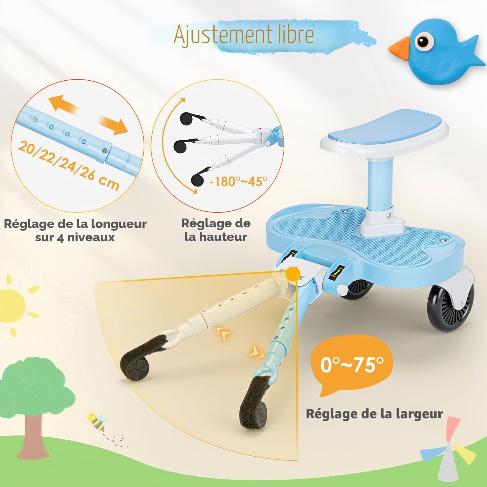 Planche Poussette Universelle Bleu Ciel, Marche Pied Poussette Universelle avec Siège, Compatible 99% des Poussettes, Planche à Roulettes pour Enfants 2-6 Ans (25KG)