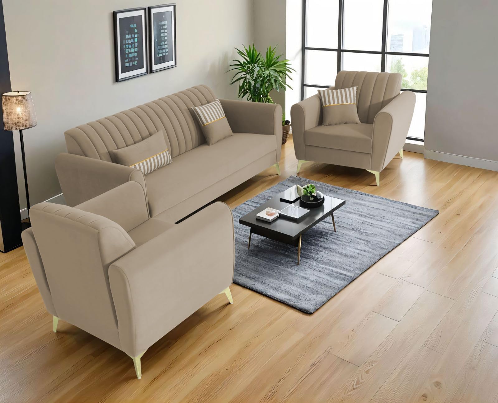 Adorn India Premium Luster 3-1-1 Sofa Set | Velvet Suede Fabric | 3-Year Warranty | Color Beige with Golden Legs & Striped Pattern Cushion