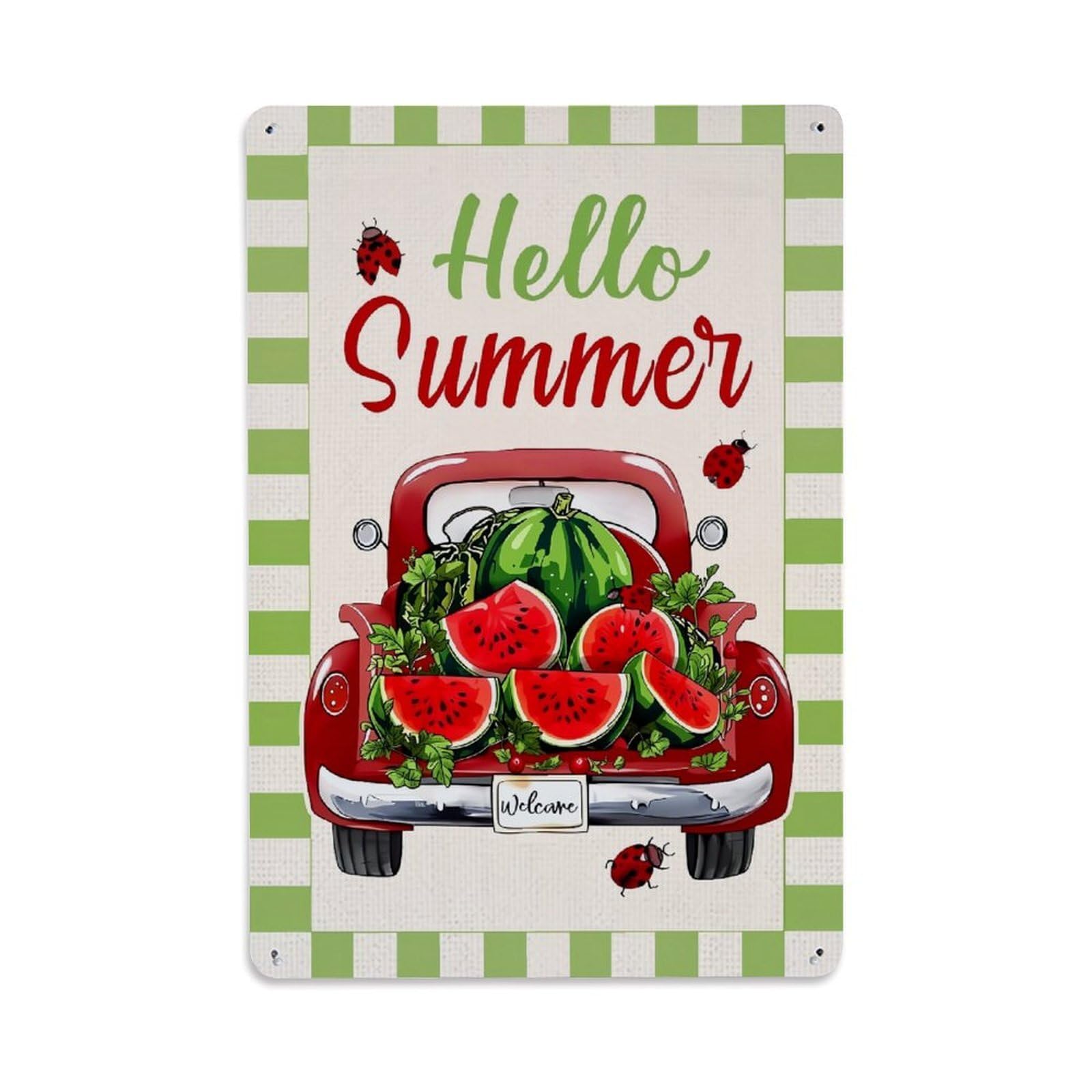 Jdyaojiesheng Vintage Hello Summer Watermelon Truck Ladybug Tin Sign Retro Metal Wall Decor Metal Poster, Home Bar Garage Farmhouse Cafe Wall Art Decoration 8X12inches