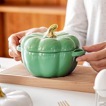 Creativity 15 Oz Mini Pumpkin Dutch Oven Pot with Lid, Ceramic Ramekins, Dessert Sauce Pan, Baking Soup Bowl (Green)
